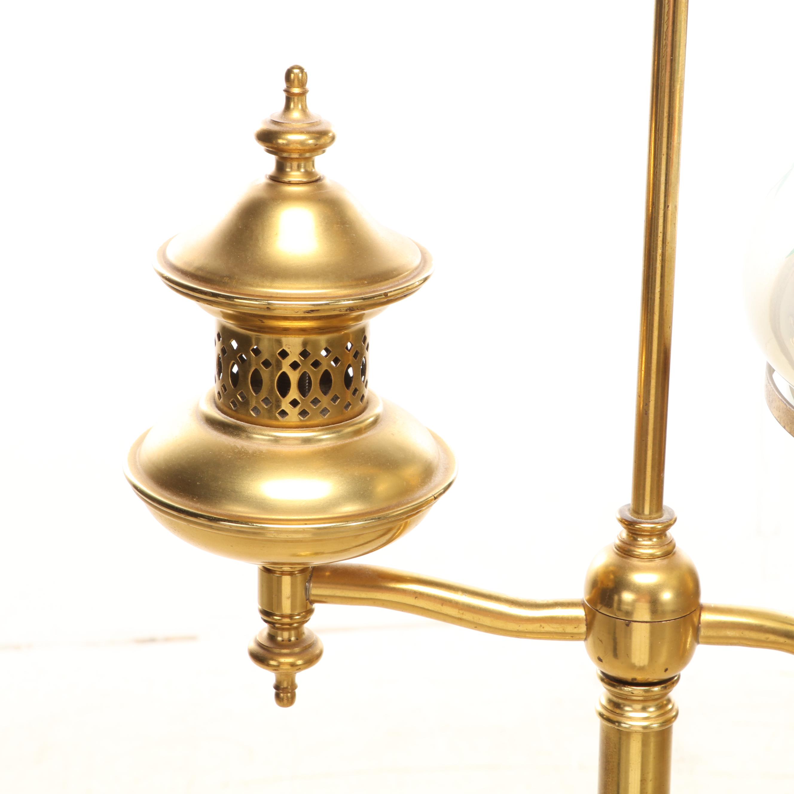 Brass Offset Arm Floor Lamp With Painted Milk Glass Shade, Mid-20th Century