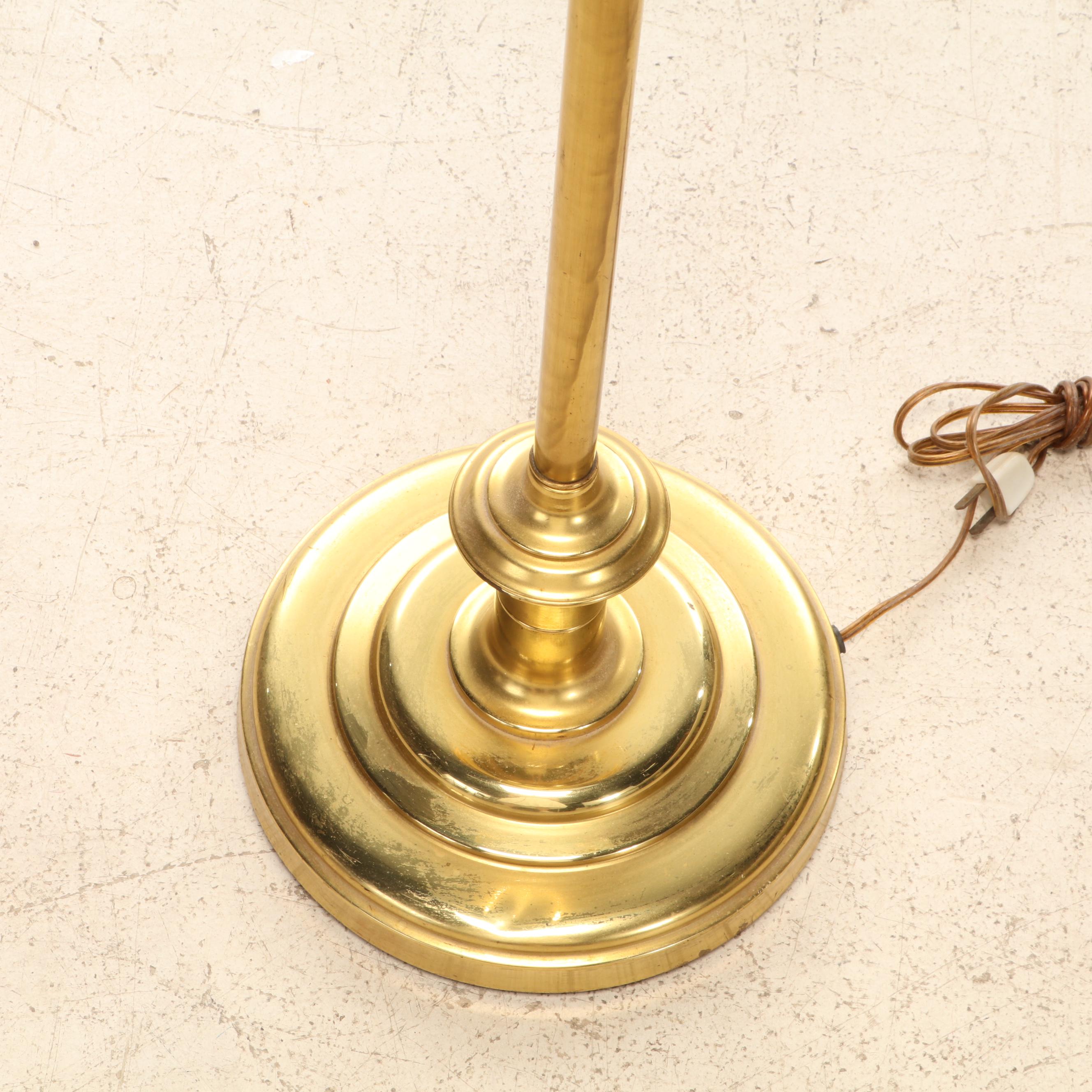 Brass Offset Arm Floor Lamp With Painted Milk Glass Shade, Mid-20th Century