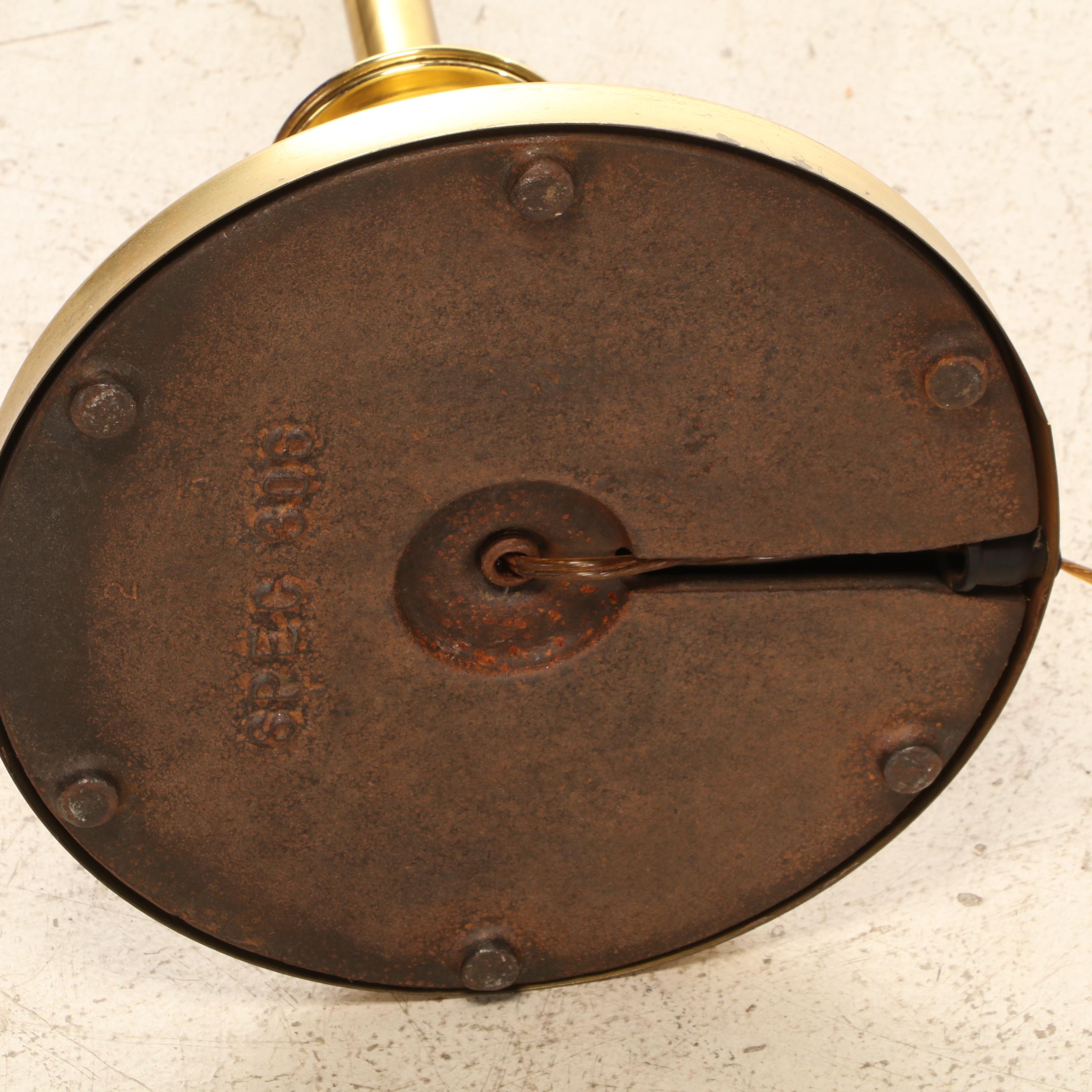 Brass Offset Arm Floor Lamp With Painted Milk Glass Shade, Mid-20th Century