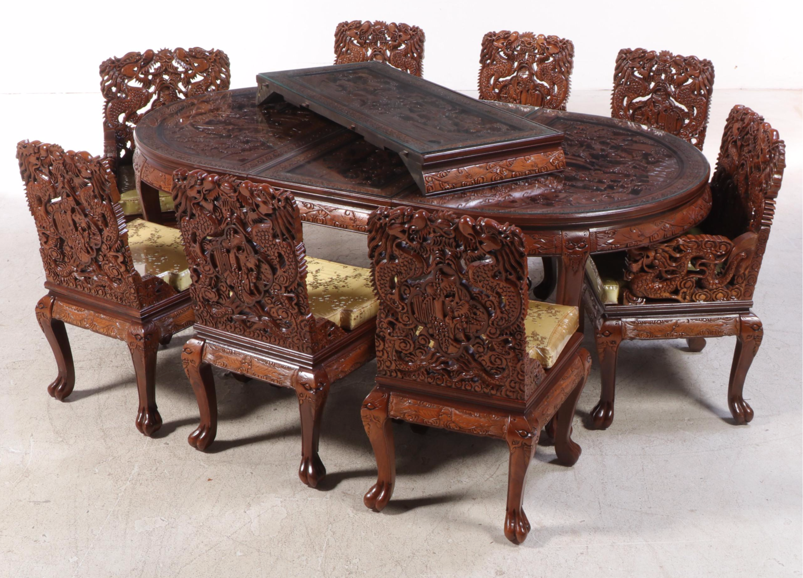 Chinese Dragon-Carved Hardwood Nine-Piece Dining Set