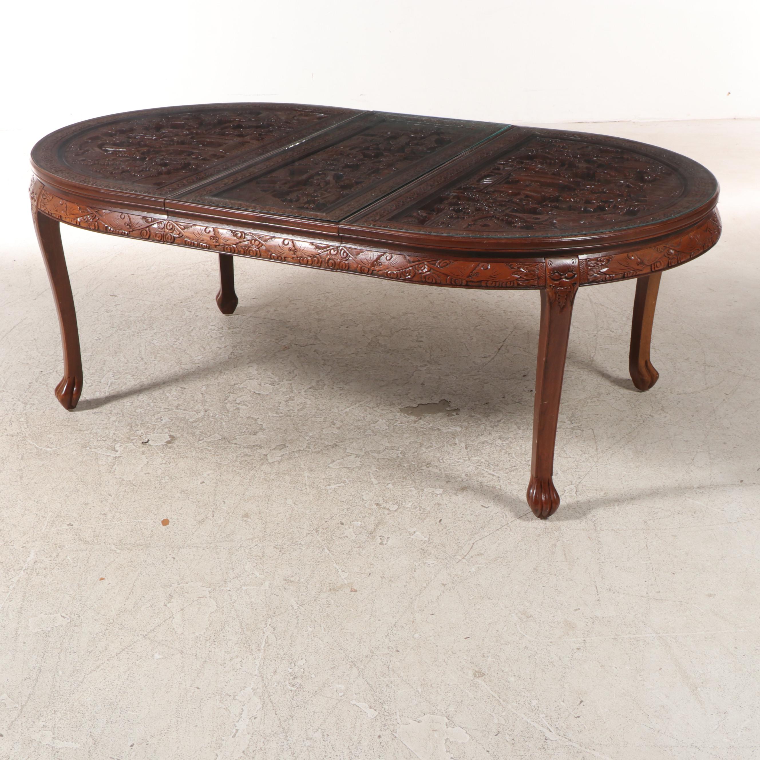 Chinese Dragon-Carved Hardwood Nine-Piece Dining Set