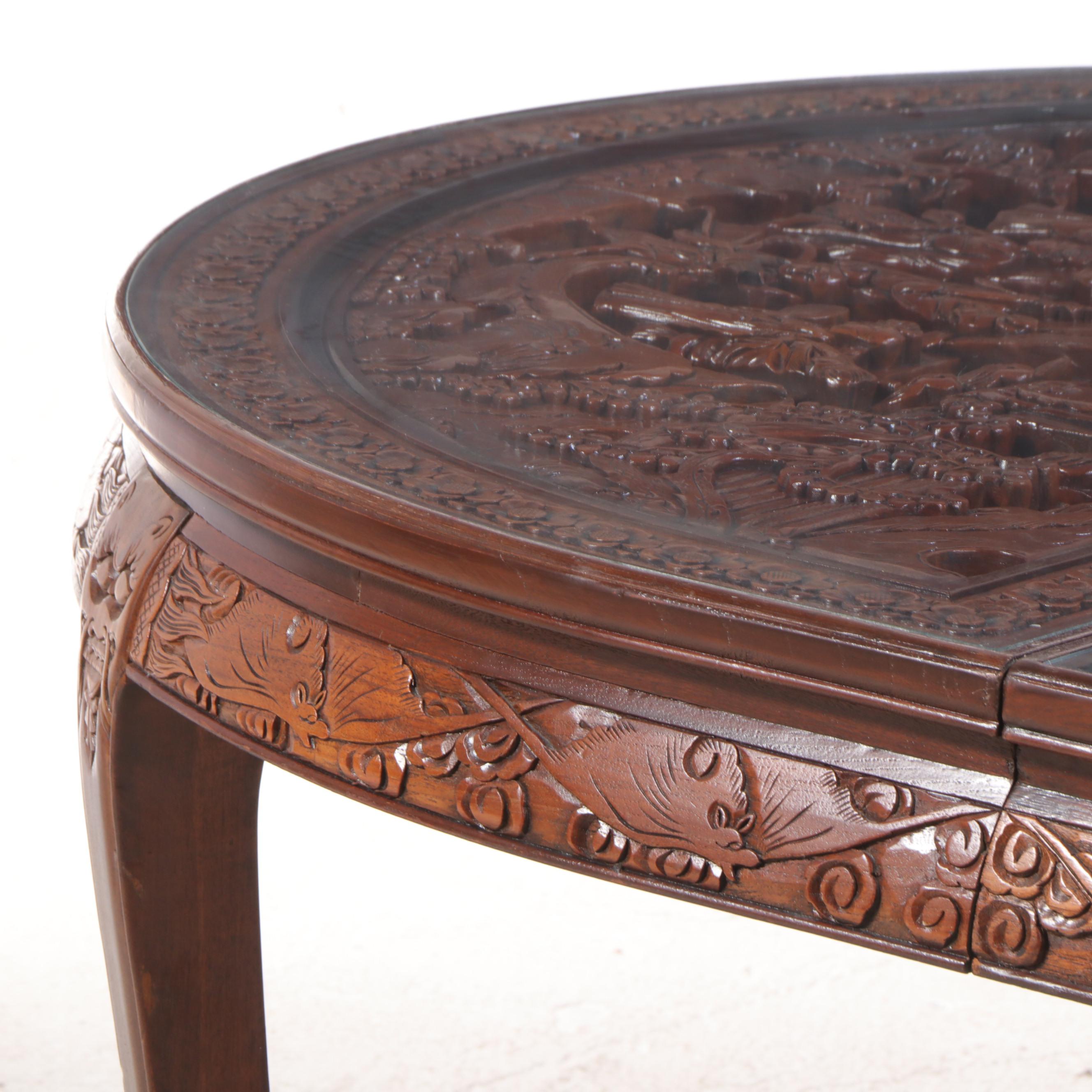 Chinese Dragon-Carved Hardwood Nine-Piece Dining Set