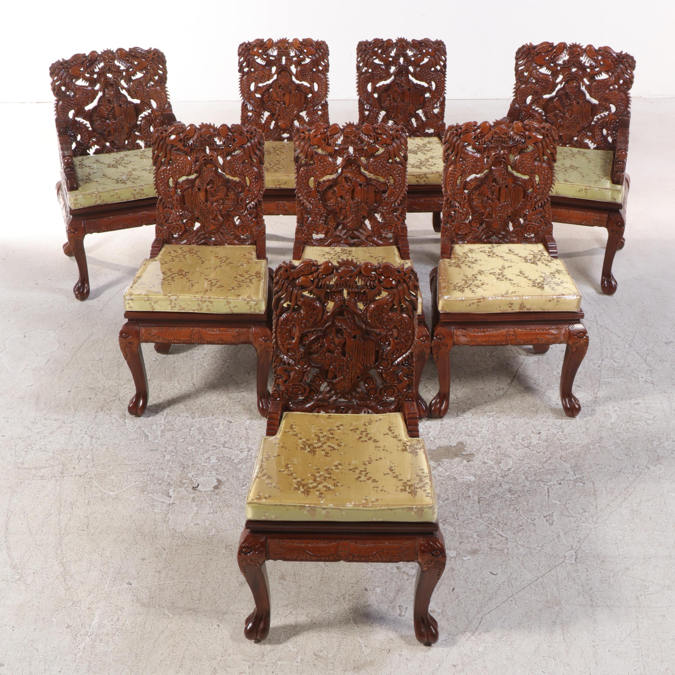 Chinese Dragon-Carved Hardwood Nine-Piece Dining Set