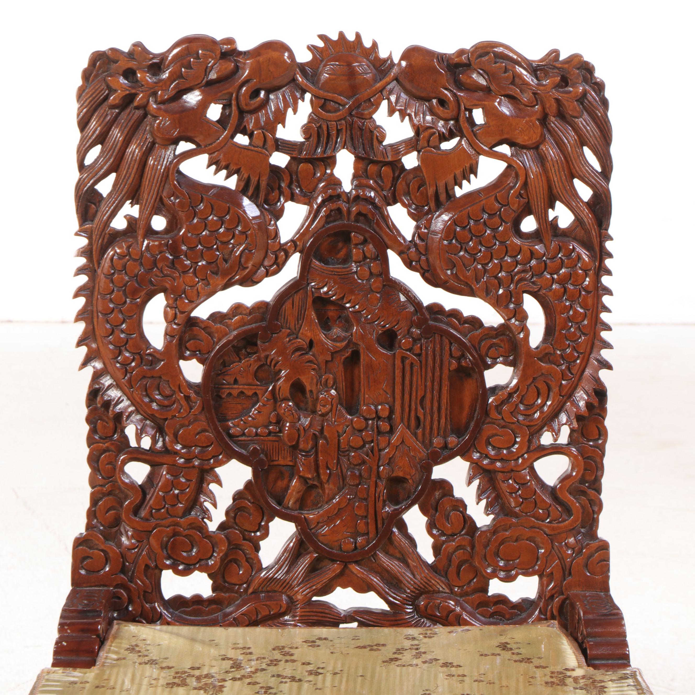 Chinese Dragon-Carved Hardwood Nine-Piece Dining Set