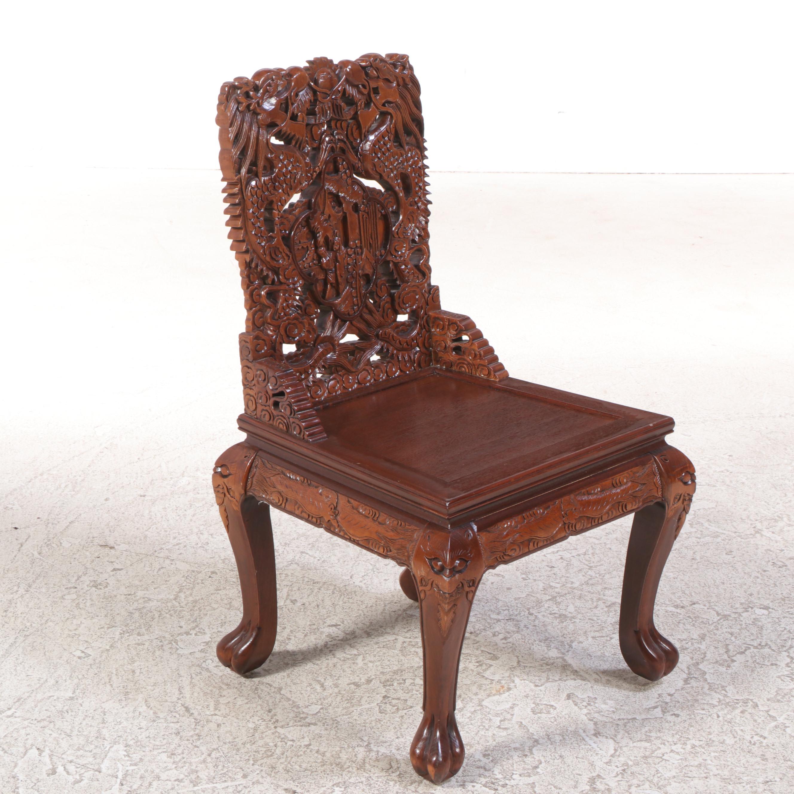 Chinese Dragon-Carved Hardwood Nine-Piece Dining Set