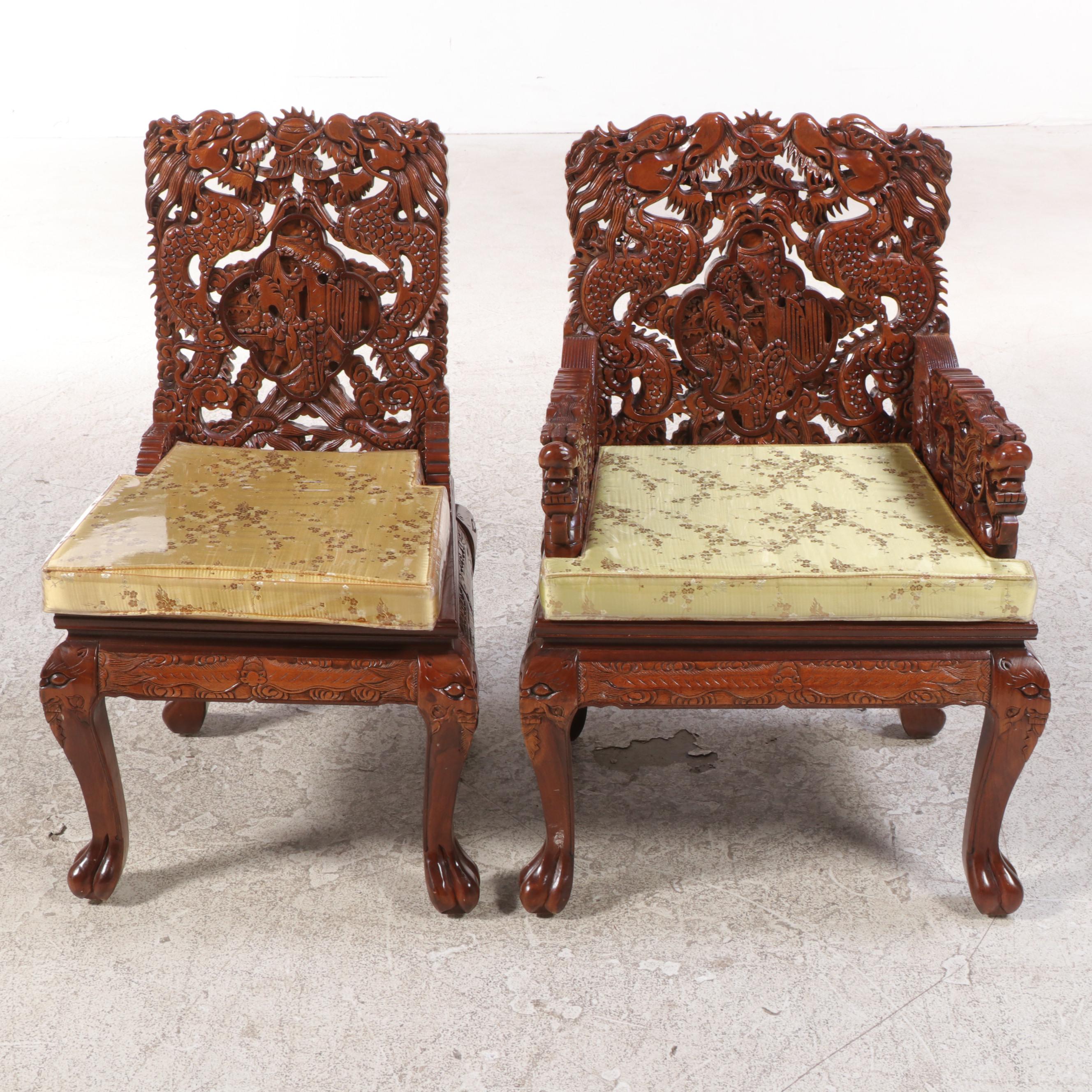 Chinese Dragon-Carved Hardwood Nine-Piece Dining Set