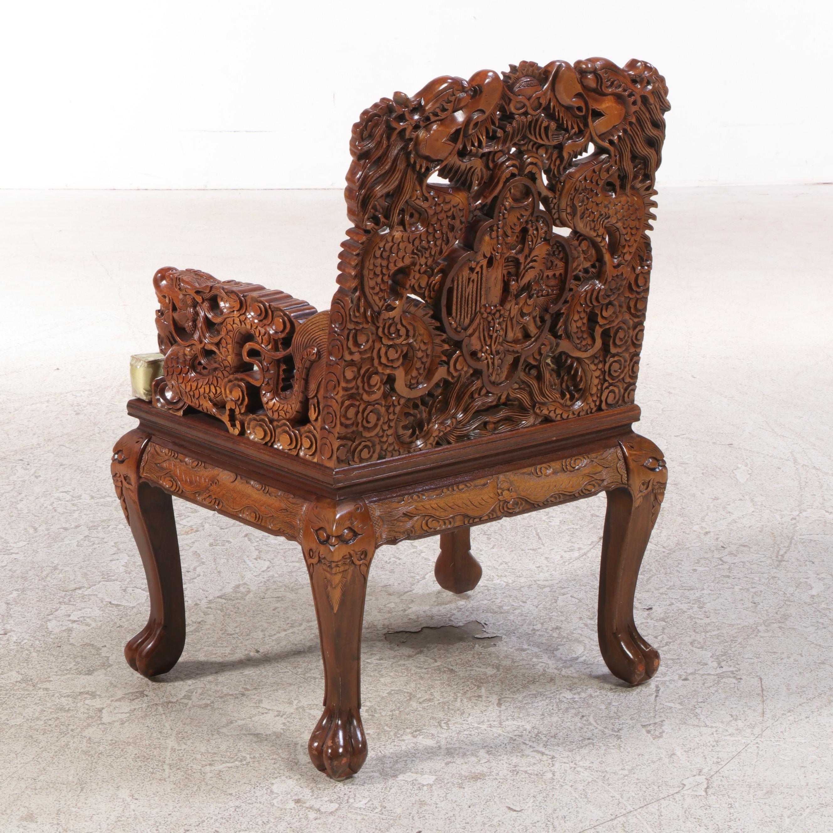 Chinese Dragon-Carved Hardwood Nine-Piece Dining Set