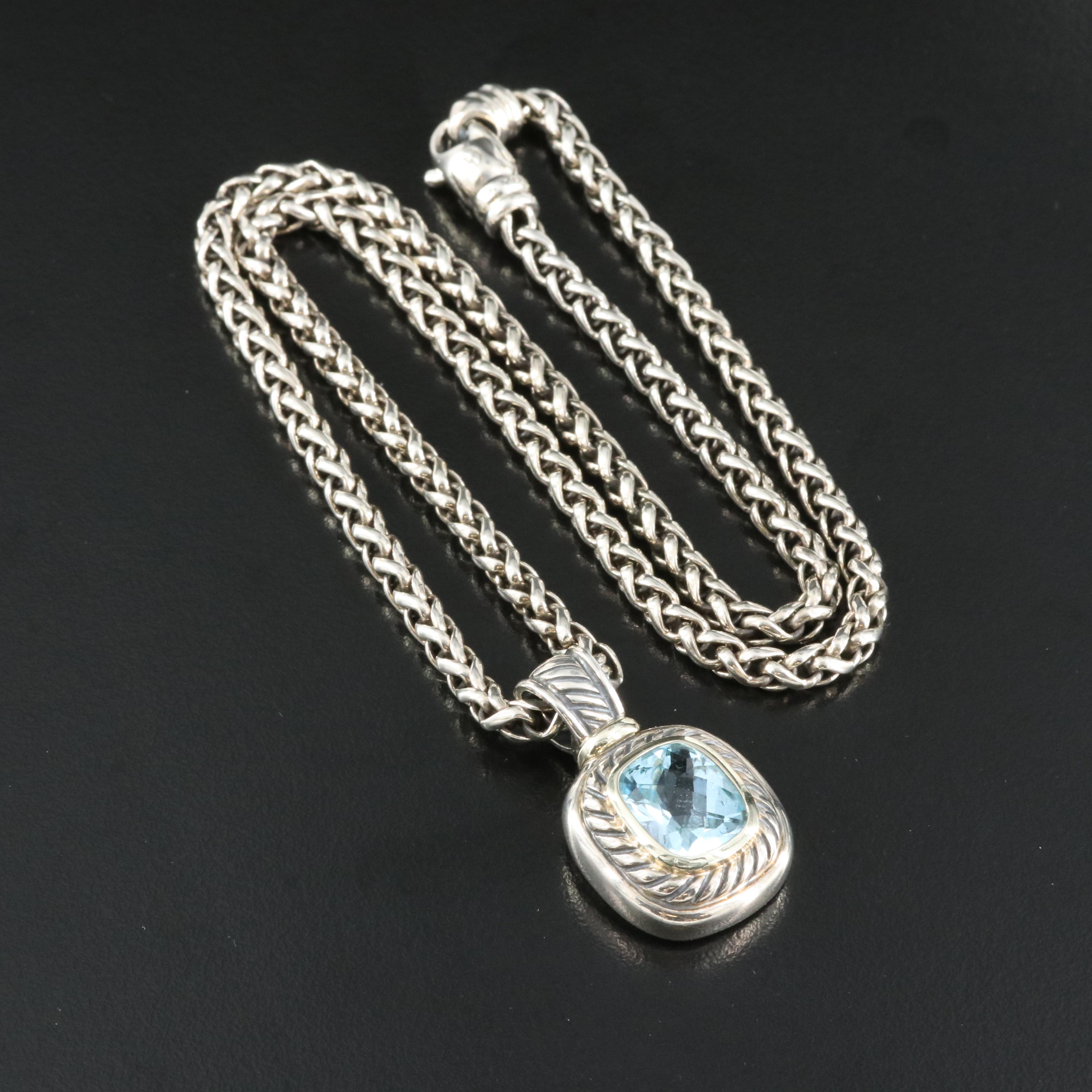 David Yurman "Albion" Sterling Sky Blue Topaz Enhancer Pendant Necklace