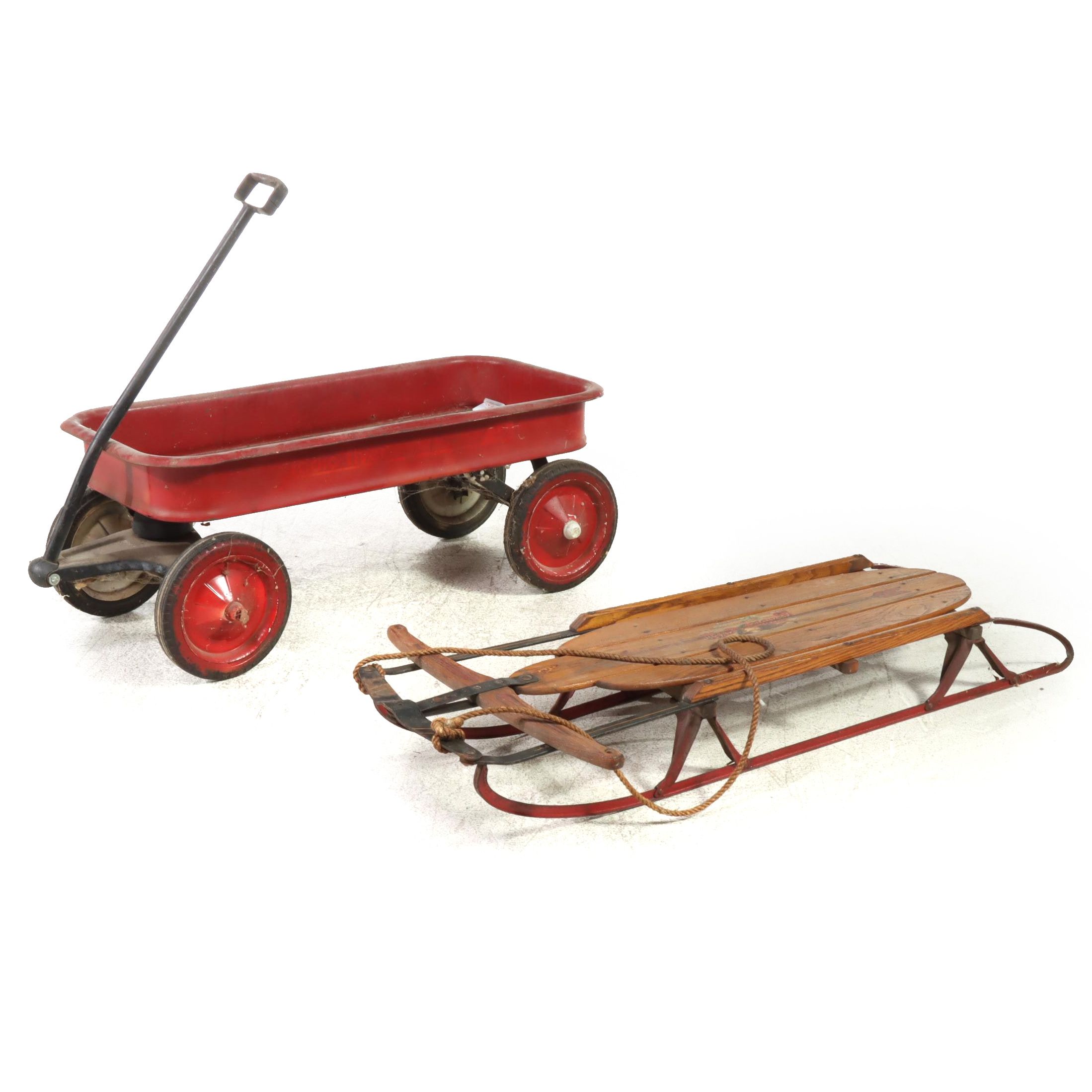 Flexible Flyer Sled with Red Radio Flyer Wagon, Vintage