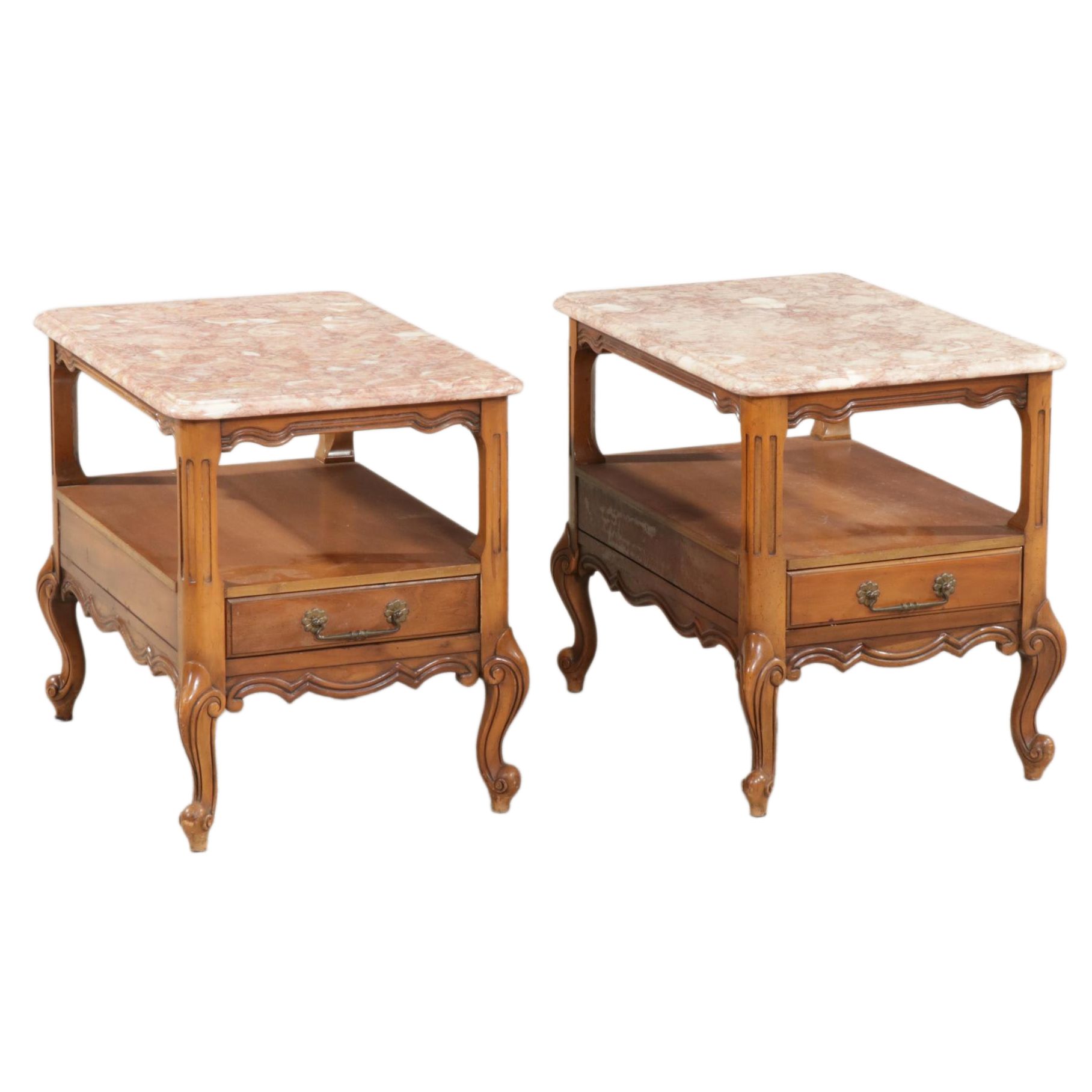 French Provincial Style Fruitwood-Stained and Pink Marble Top End Tables