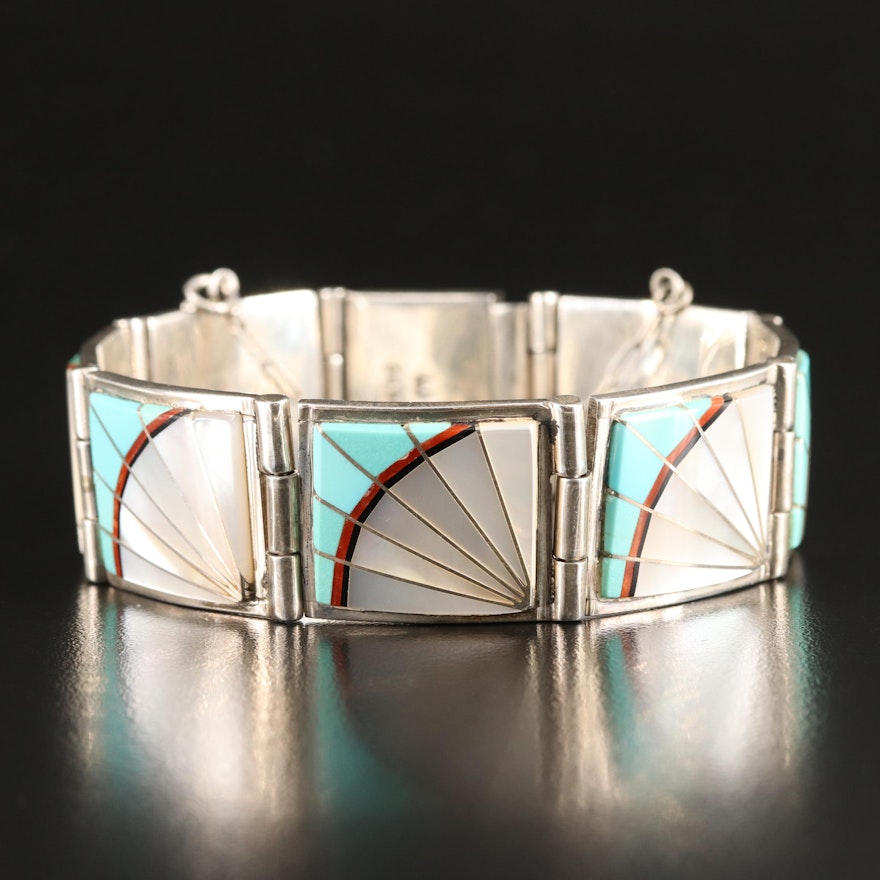 Signed Sterling Inlay Panel Bracelet