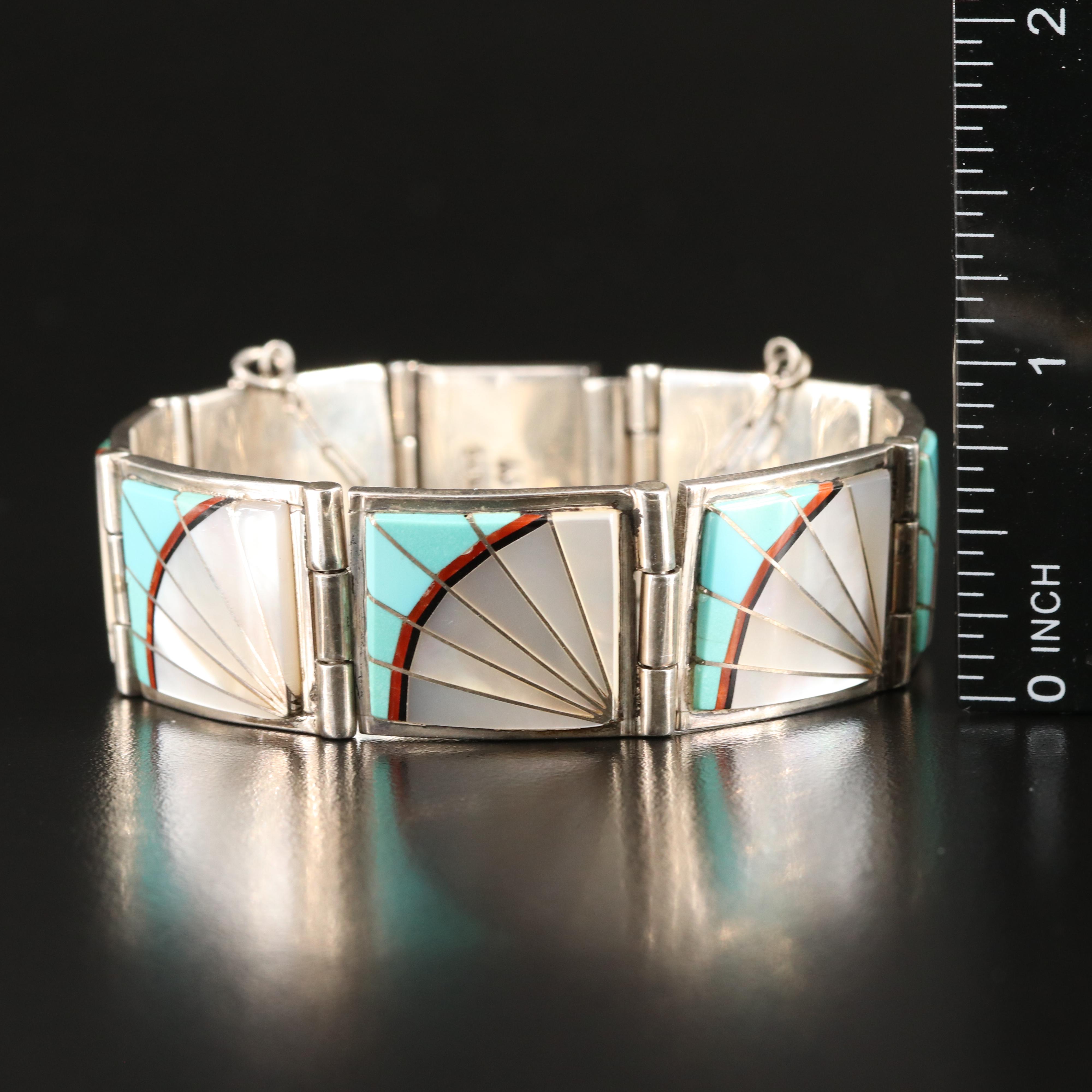 Signed Sterling Inlay Panel Bracelet