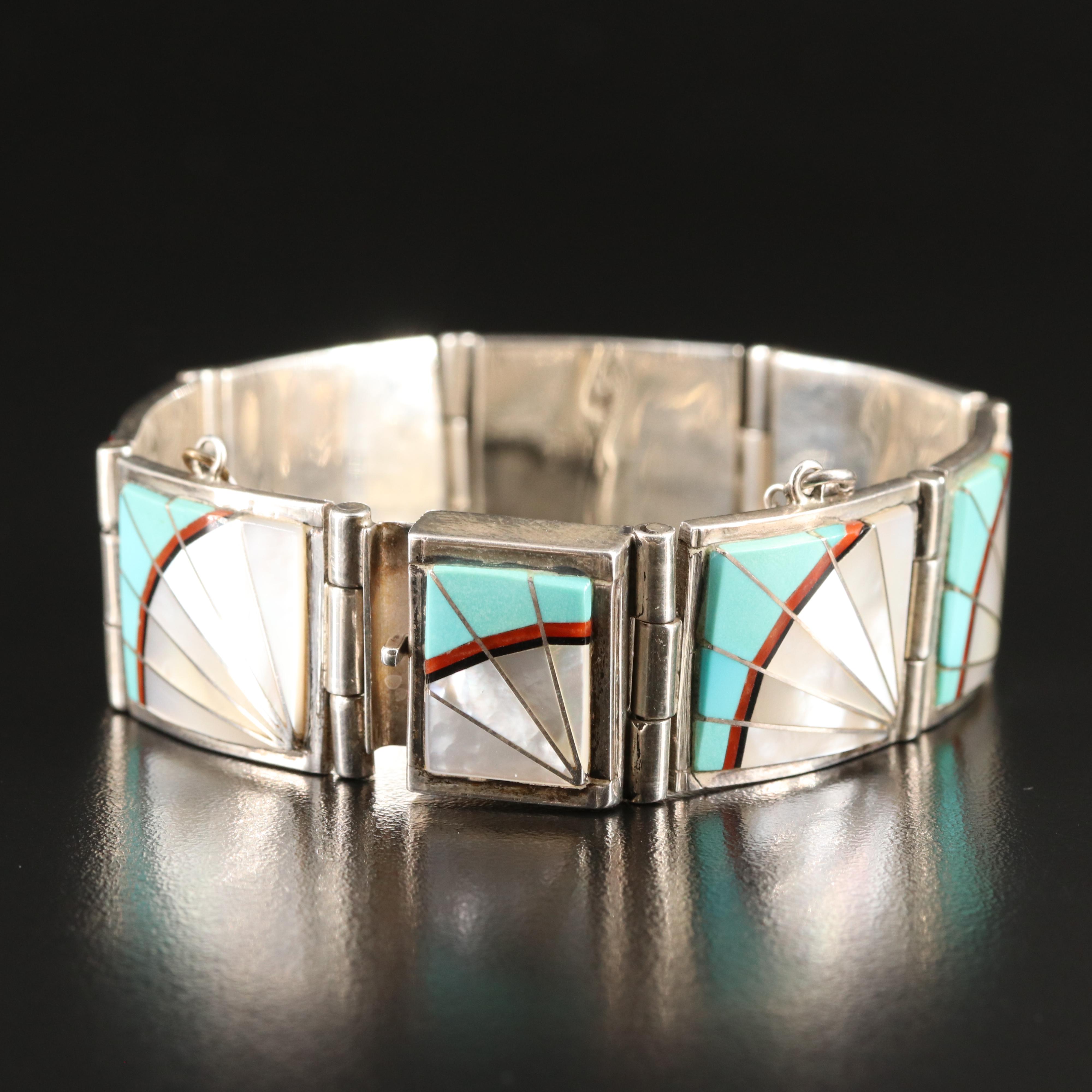 Signed Sterling Inlay Panel Bracelet