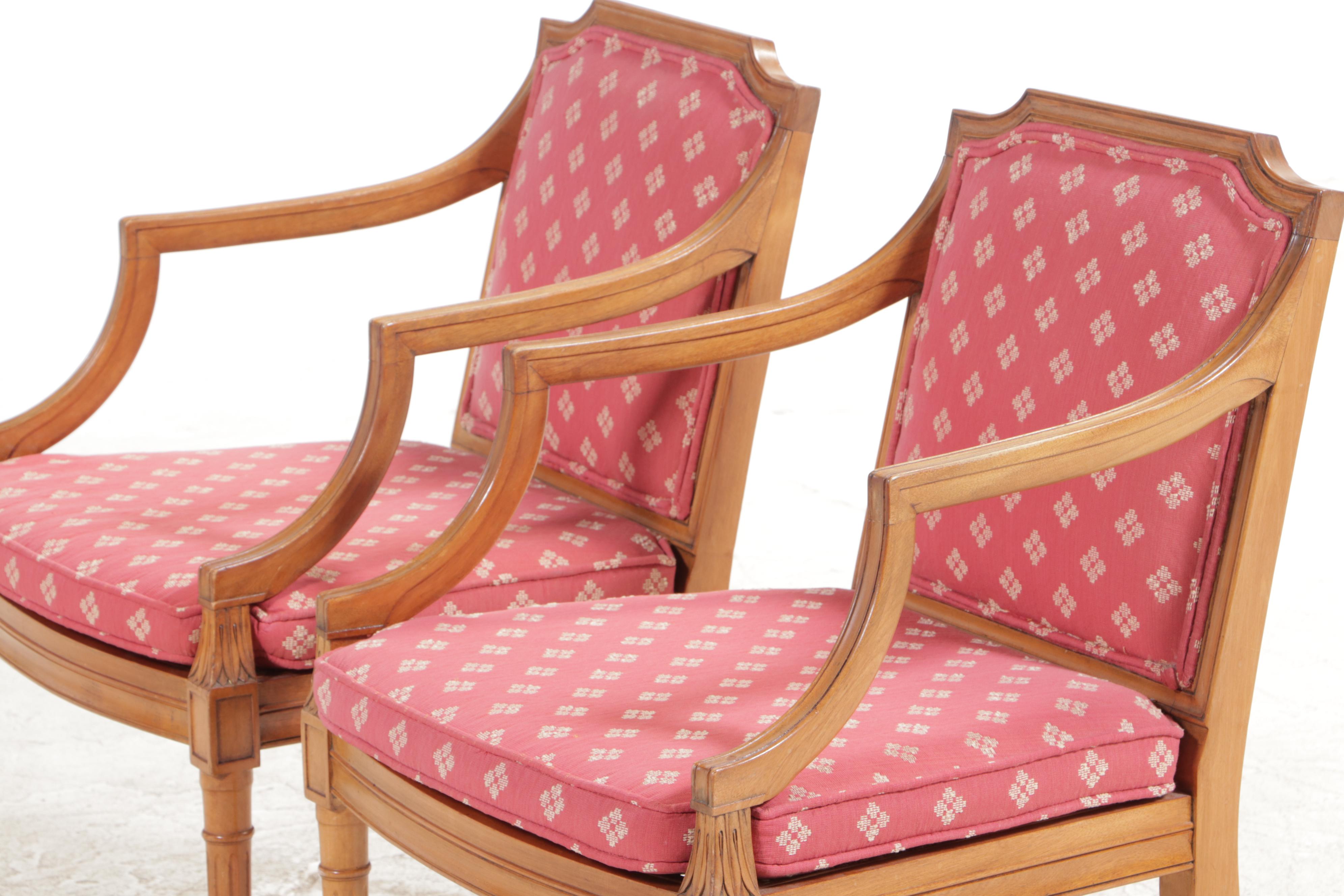 Pair of Louis XVI Style Fruitwood-Stained, Custom-Upholstered, & Caned Fauteuils