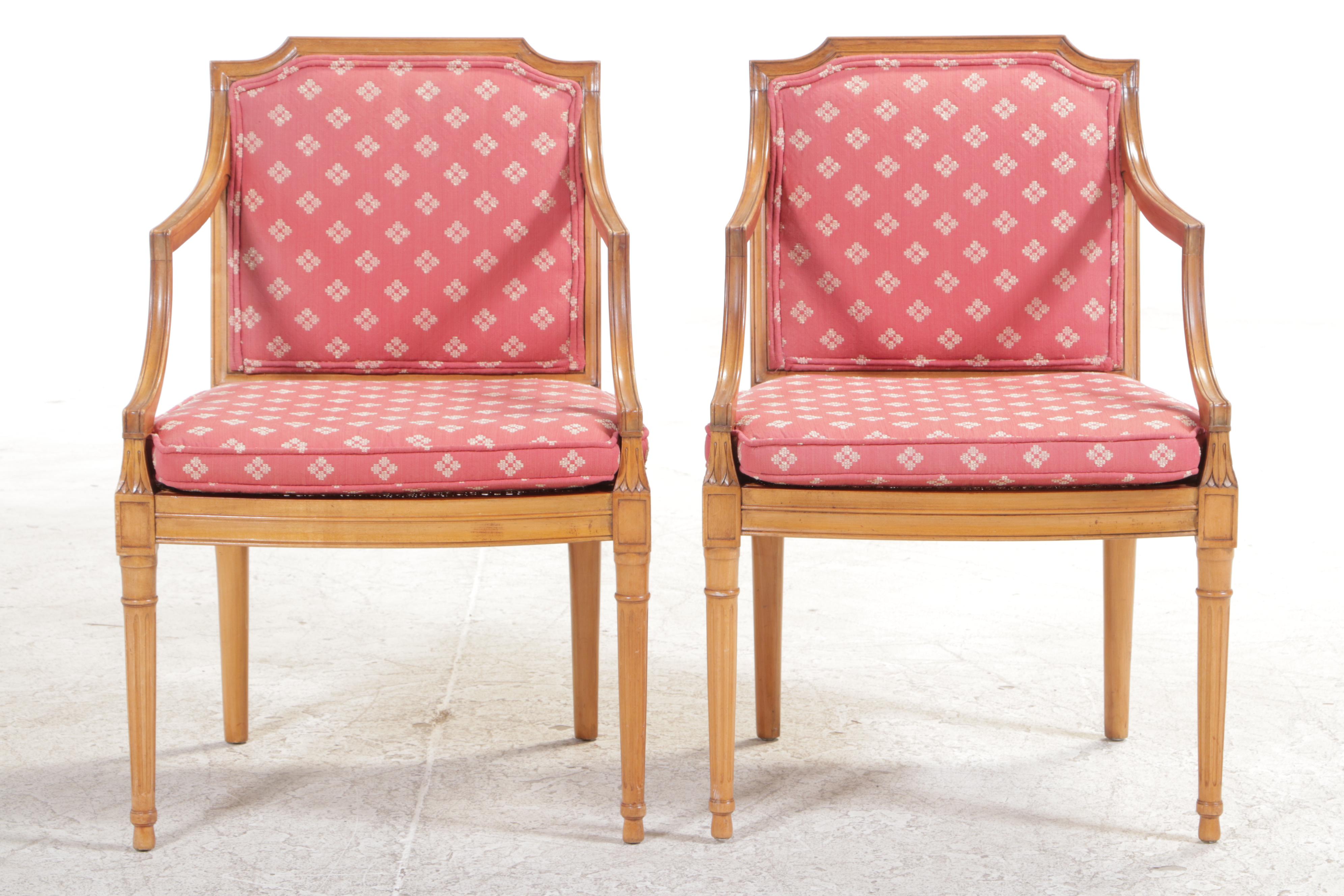 Pair of Louis XVI Style Fruitwood-Stained, Custom-Upholstered, & Caned Fauteuils