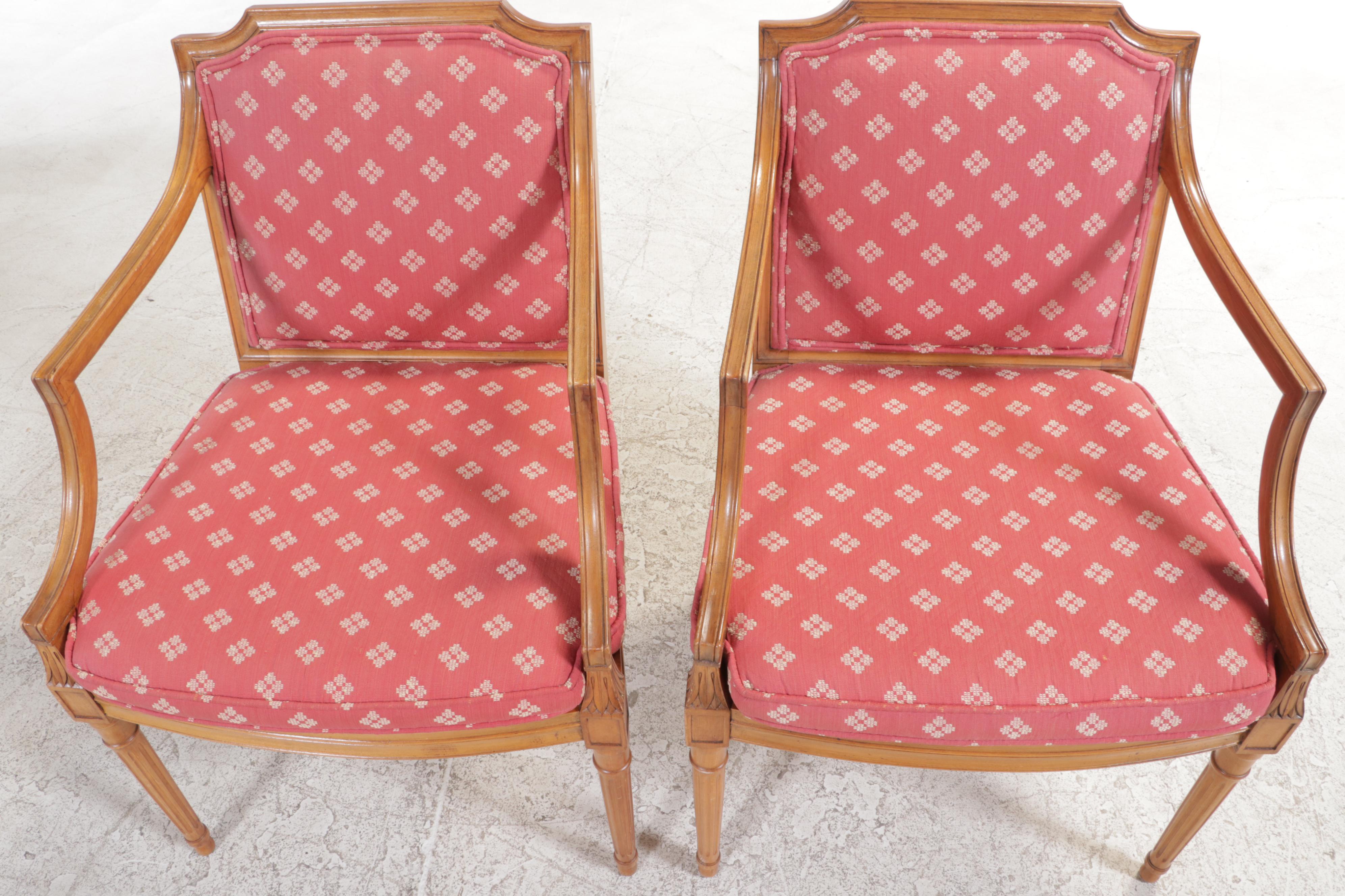 Pair of Louis XVI Style Fruitwood-Stained, Custom-Upholstered, & Caned Fauteuils