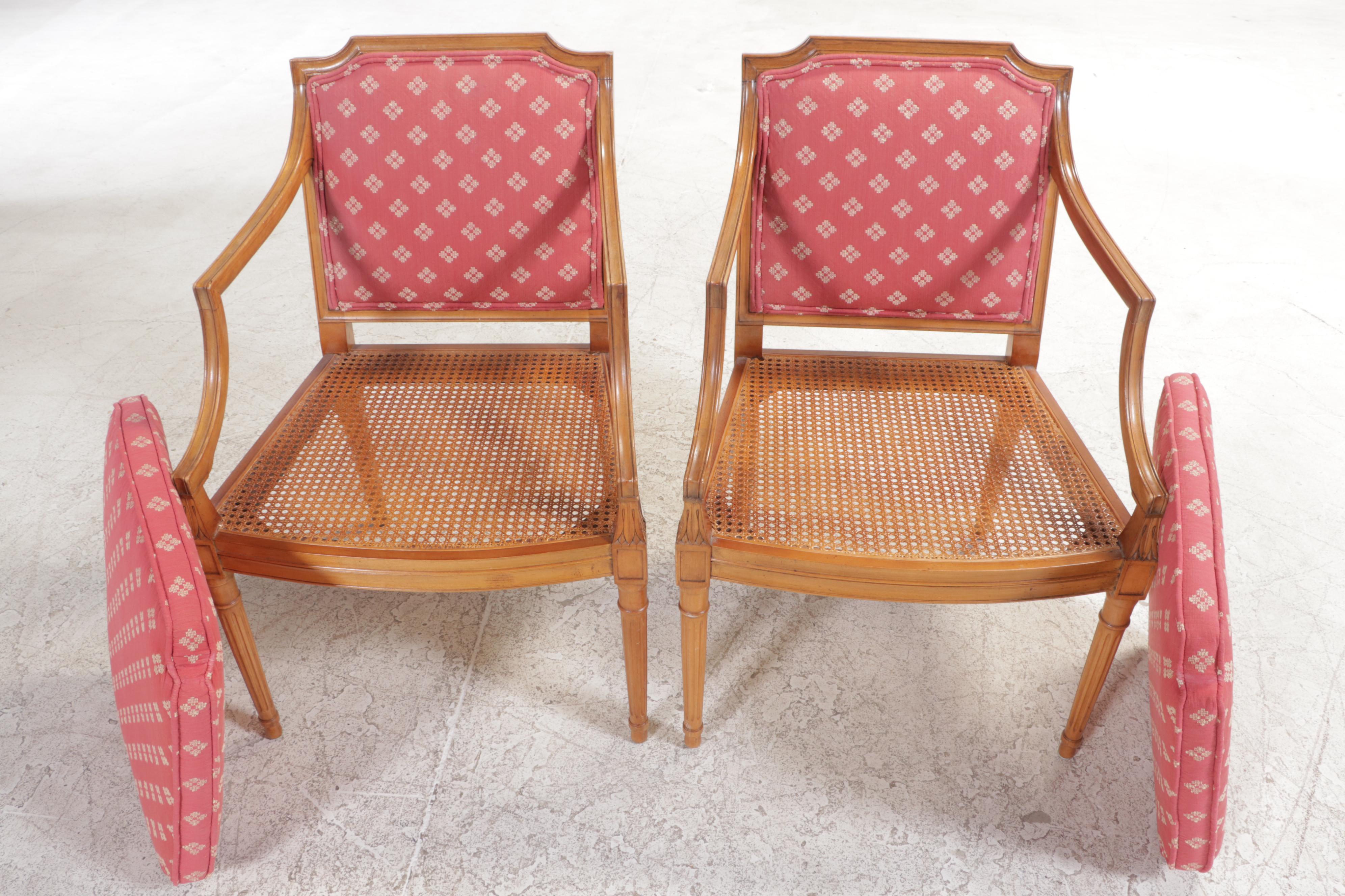 Pair of Louis XVI Style Fruitwood-Stained, Custom-Upholstered, & Caned Fauteuils