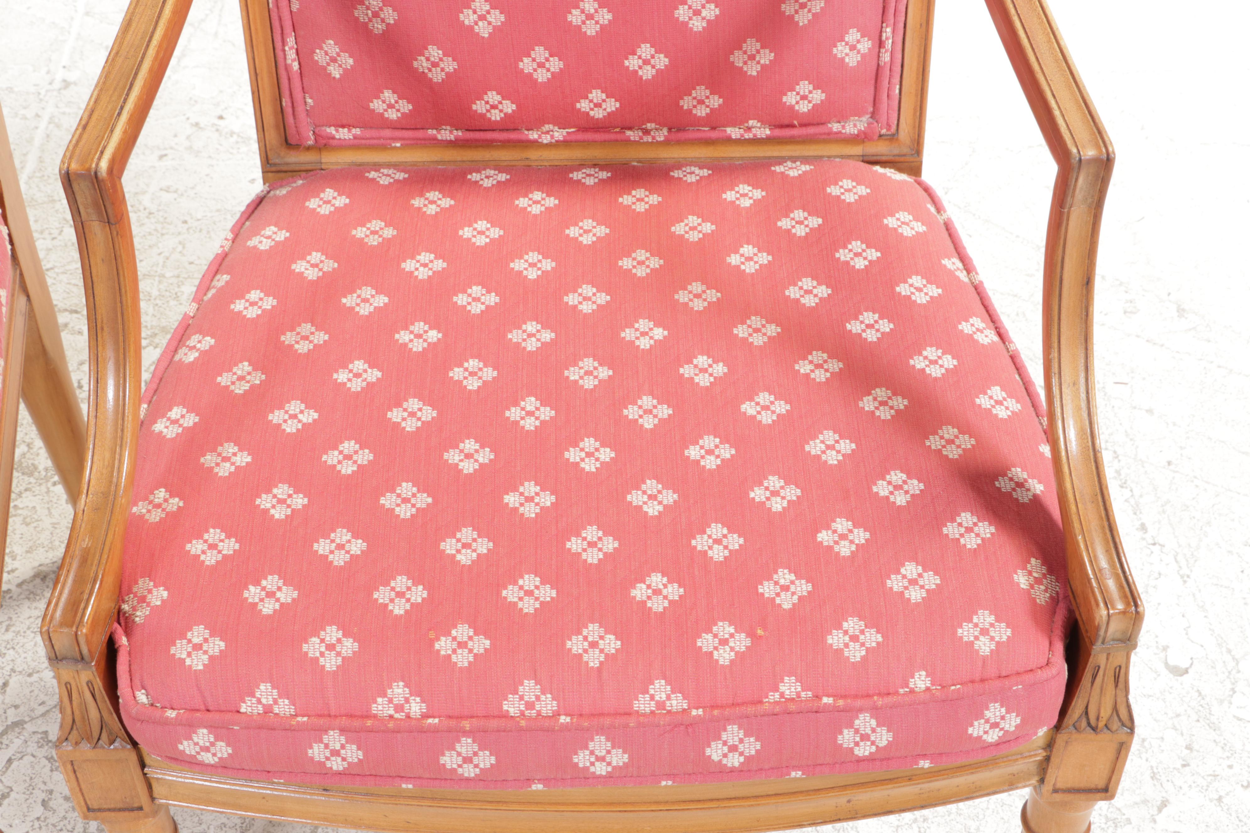 Pair of Louis XVI Style Fruitwood-Stained, Custom-Upholstered, & Caned Fauteuils