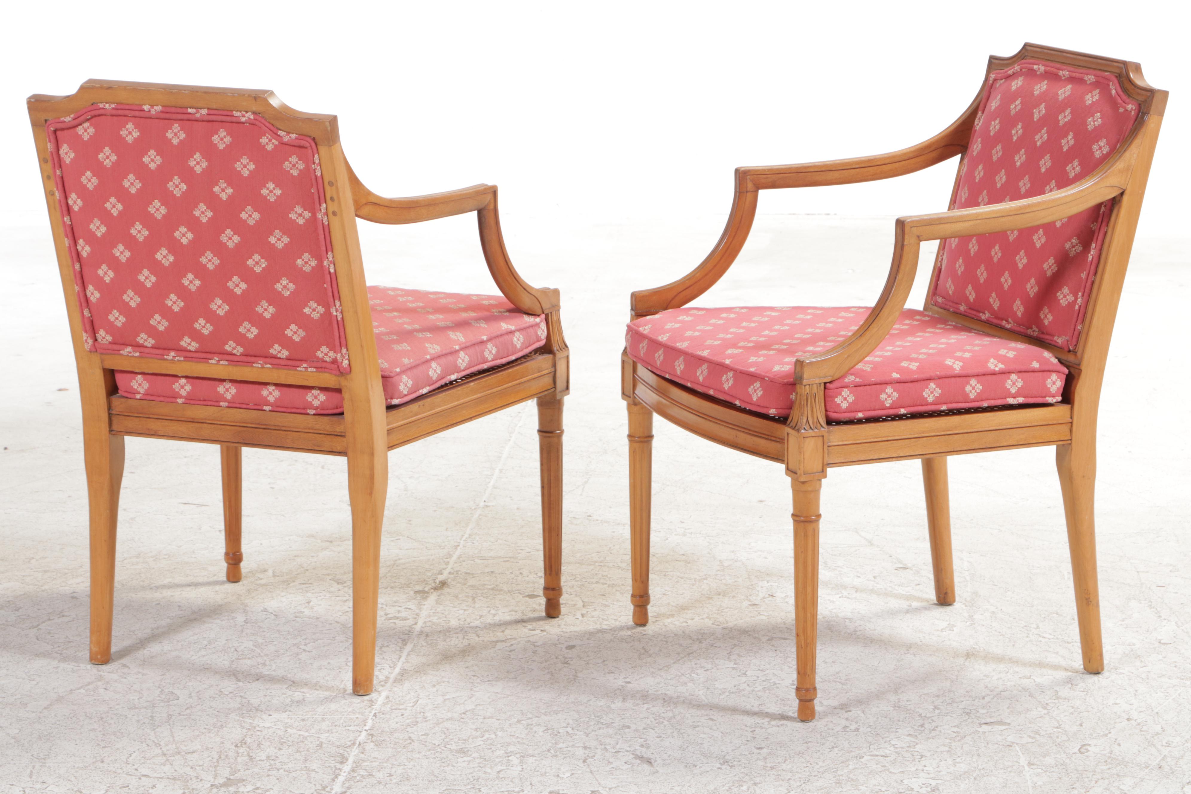 Pair of Louis XVI Style Fruitwood-Stained, Custom-Upholstered, & Caned Fauteuils