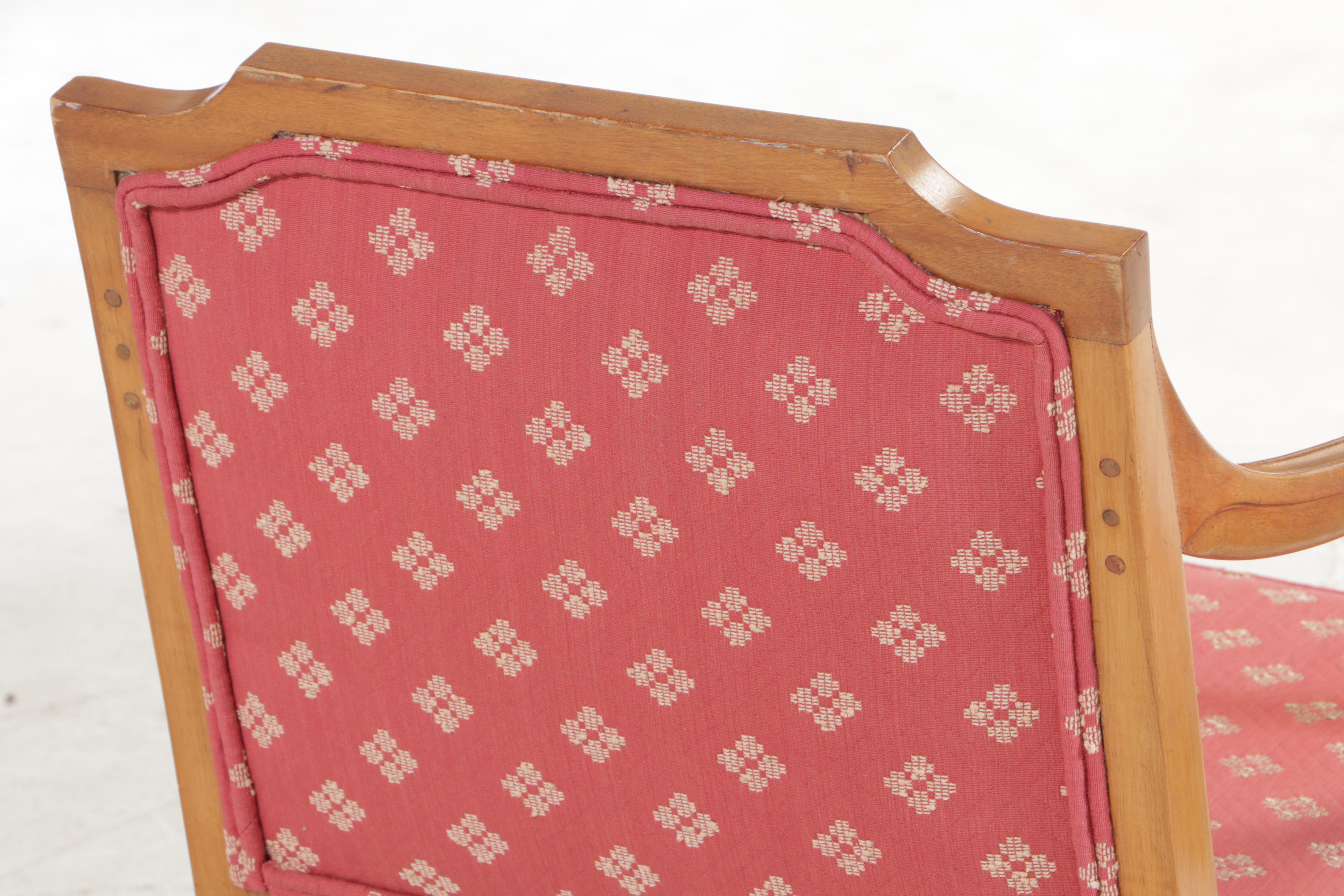 Pair of Louis XVI Style Fruitwood-Stained, Custom-Upholstered, & Caned Fauteuils