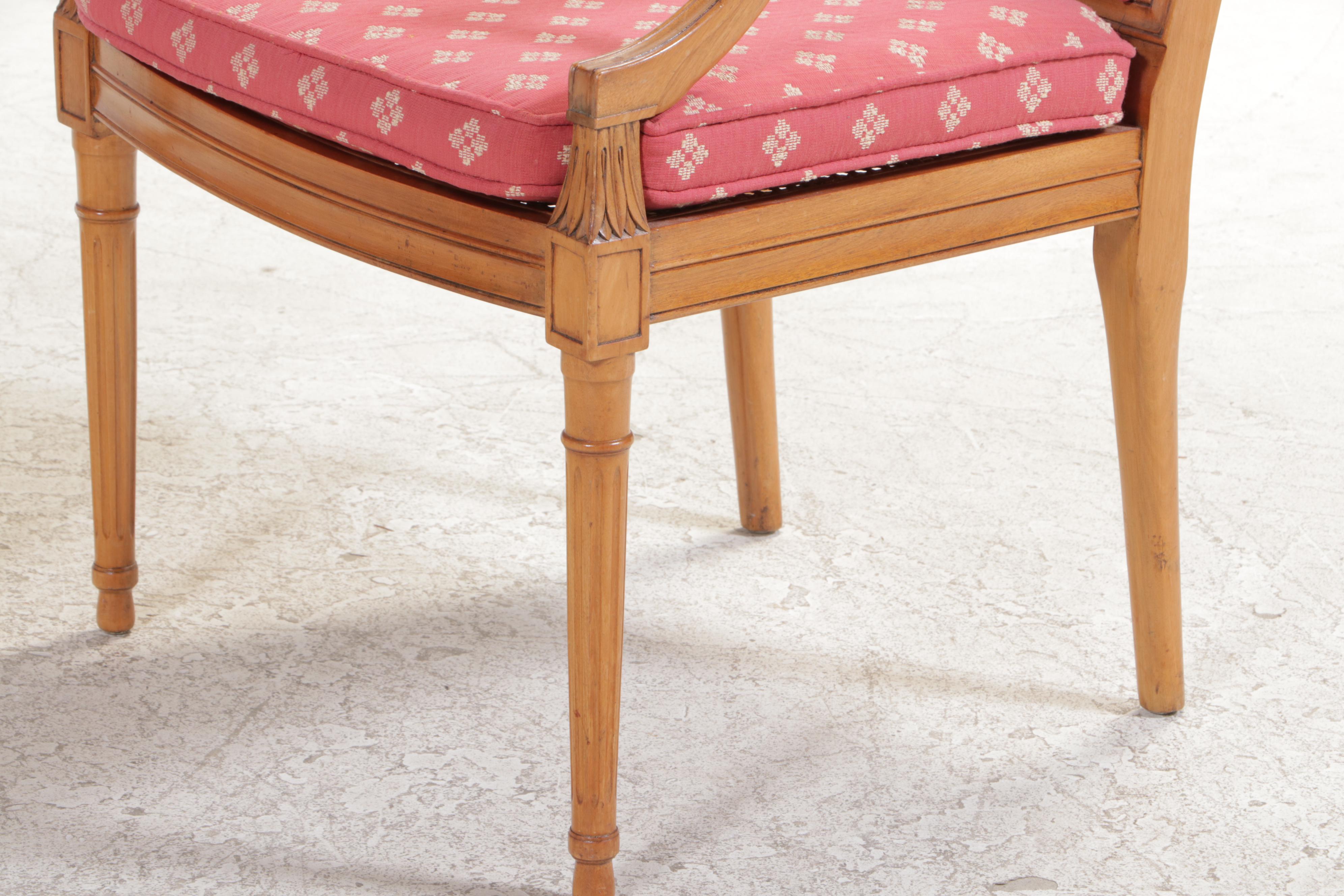 Pair of Louis XVI Style Fruitwood-Stained, Custom-Upholstered, & Caned Fauteuils