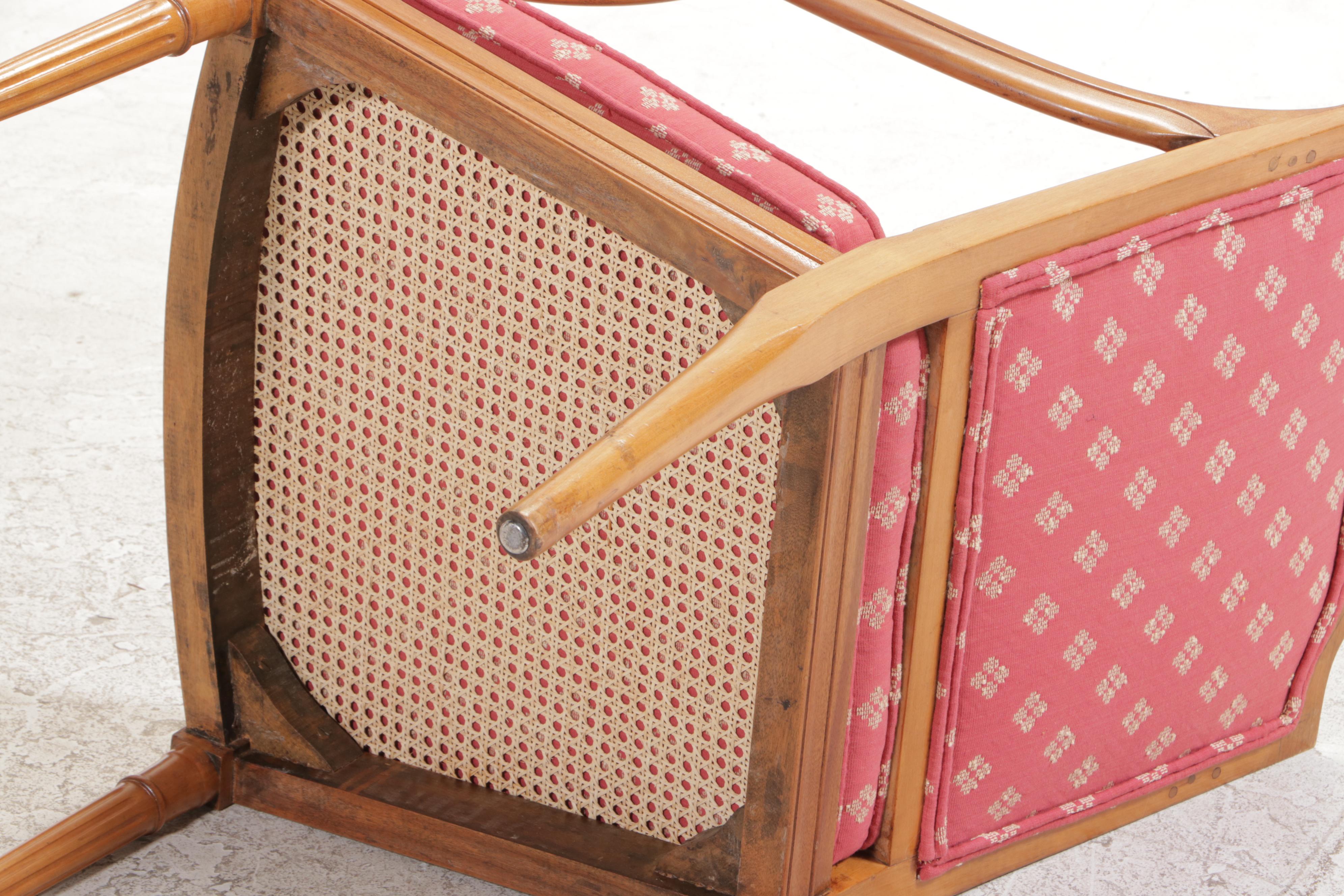 Pair of Louis XVI Style Fruitwood-Stained, Custom-Upholstered, & Caned Fauteuils