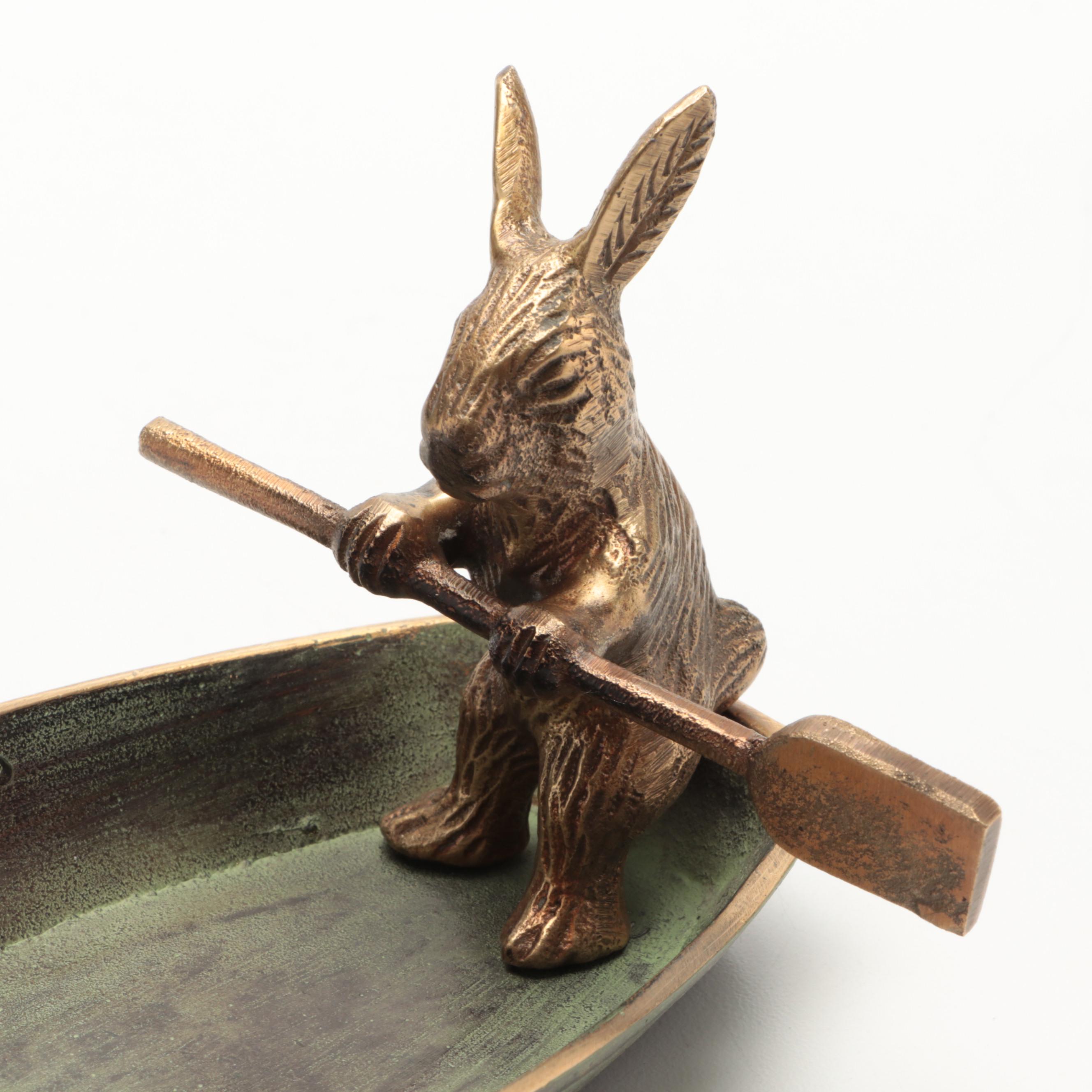 Patinated Cast Brass Rabbit in Rowboat Trinket Dish