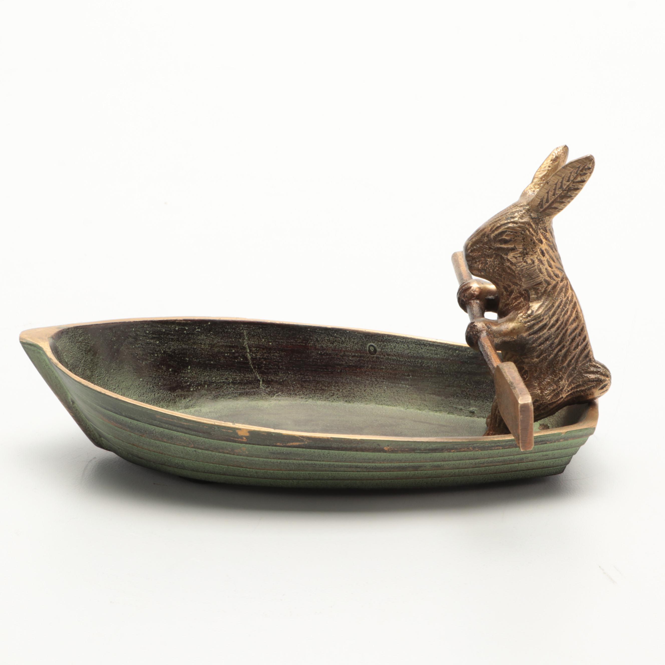 Patinated Cast Brass Rabbit in Rowboat Trinket Dish