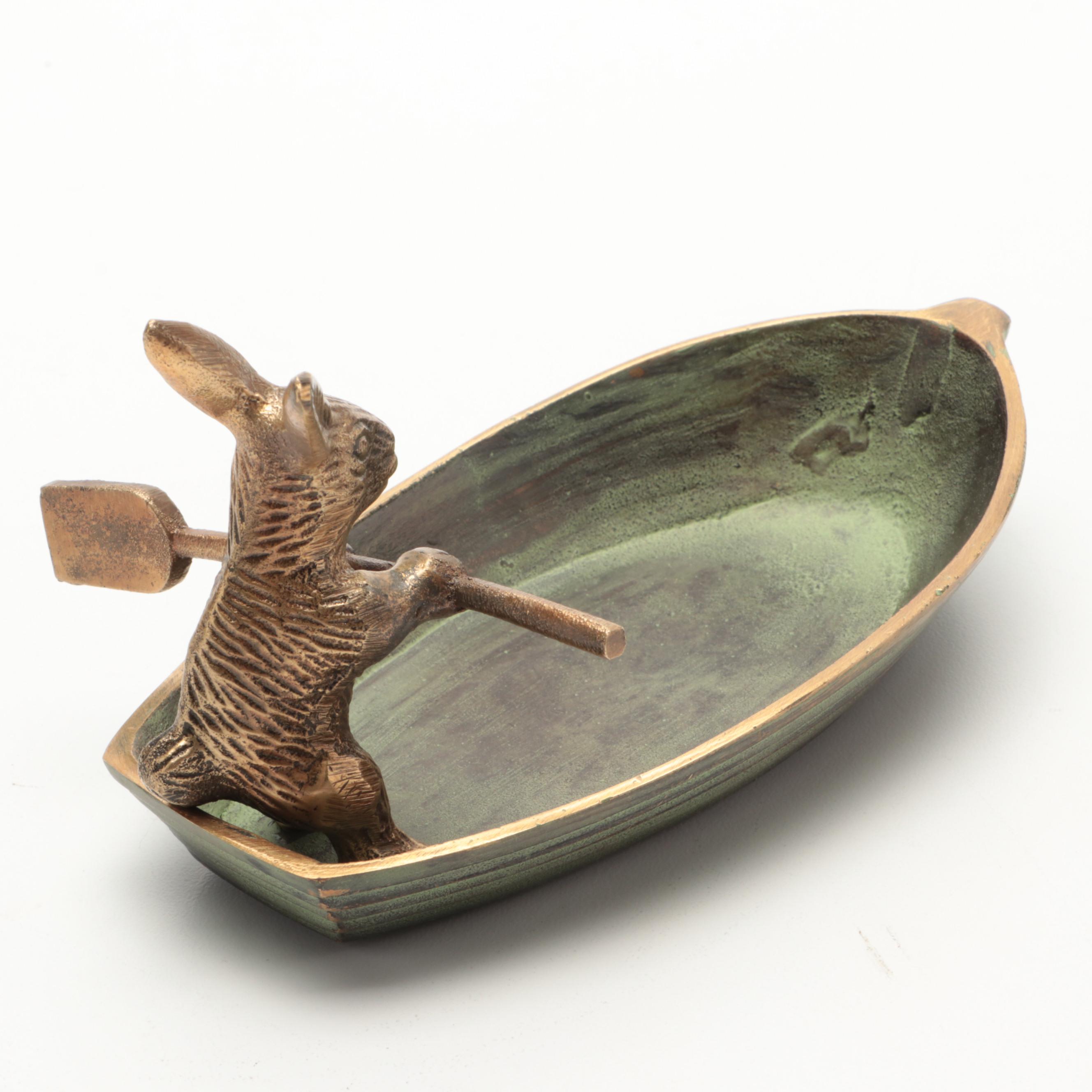 Patinated Cast Brass Rabbit in Rowboat Trinket Dish