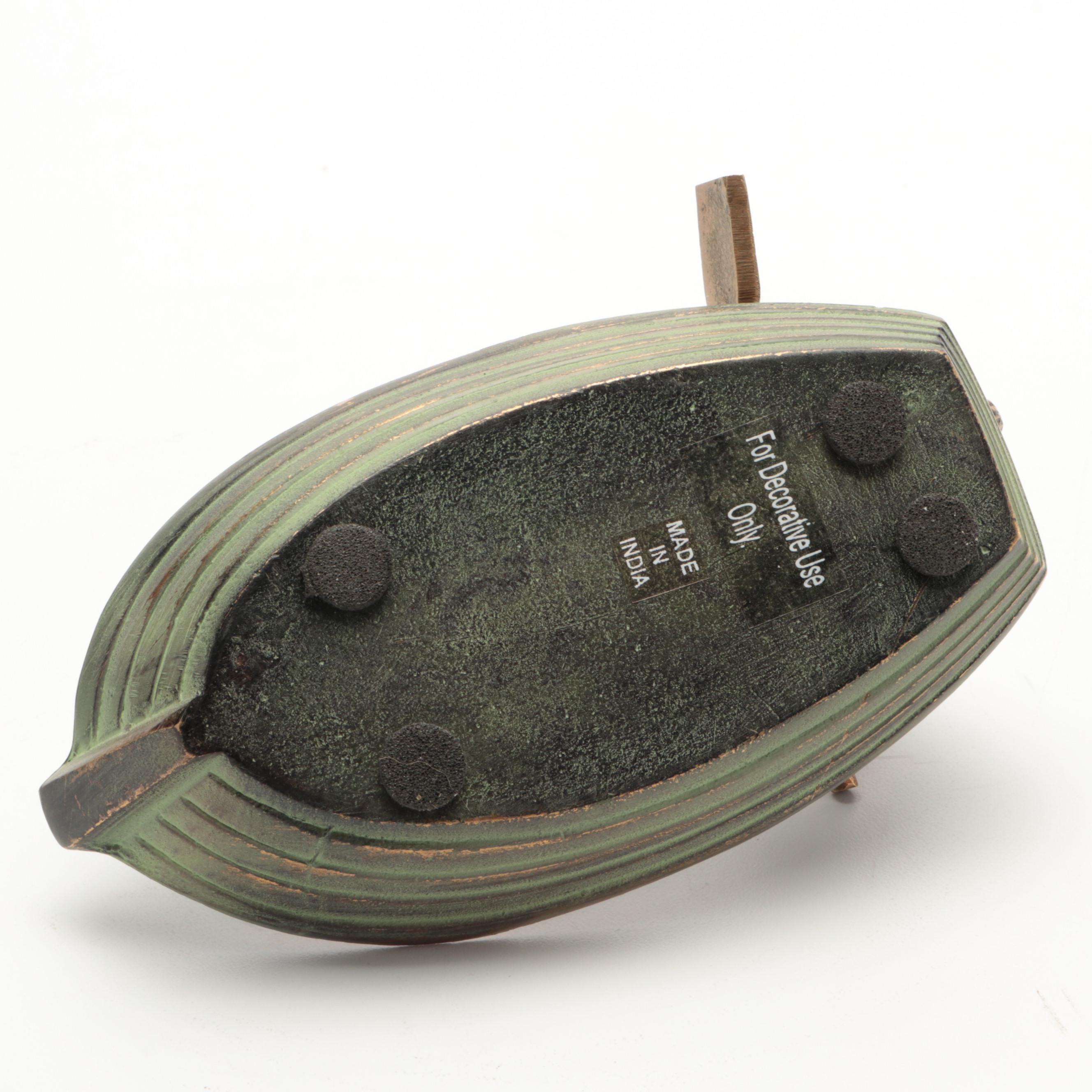 Patinated Cast Brass Rabbit in Rowboat Trinket Dish