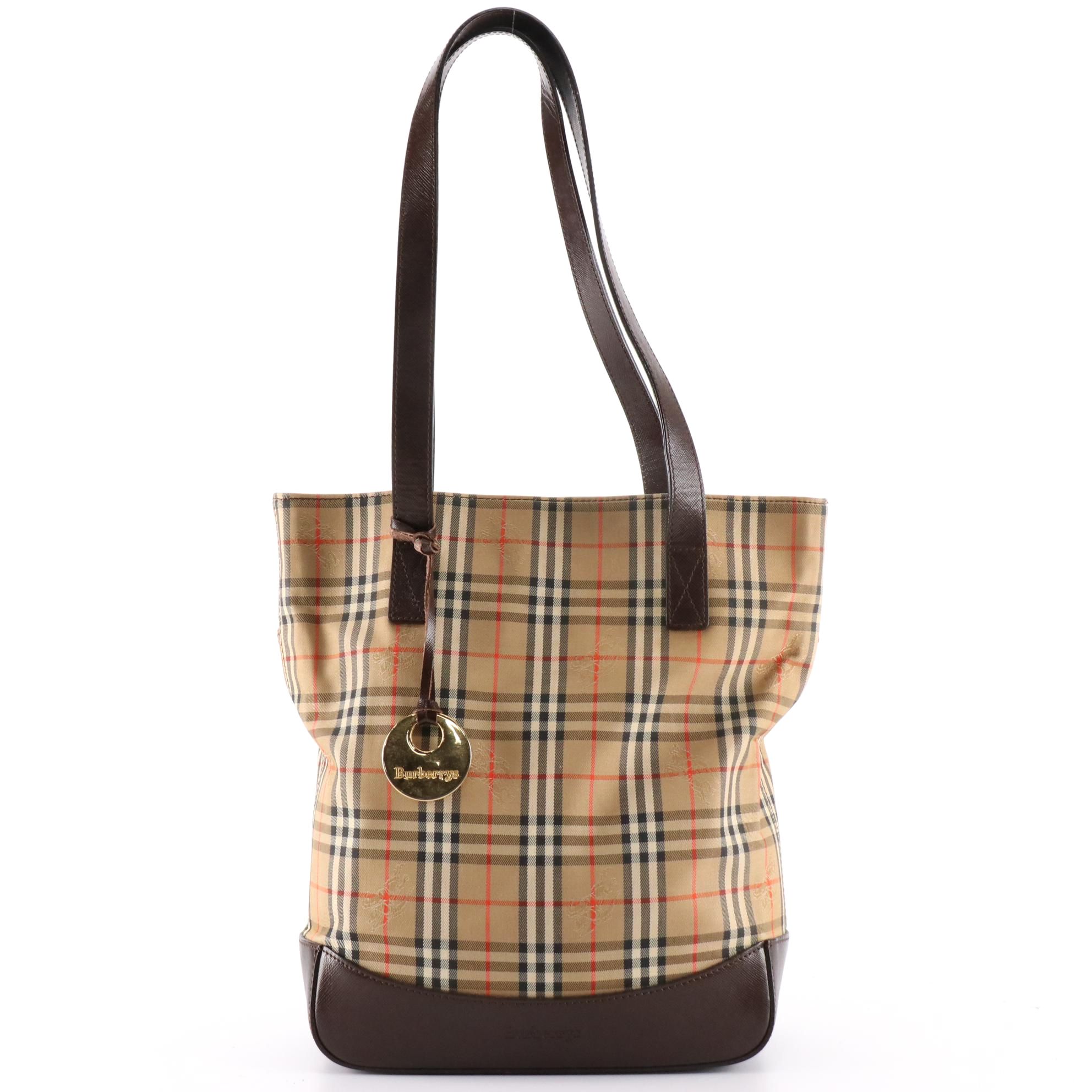 Burberrys Shoulder Tote Bag in Haymarket Check Canvas and Brown Leather