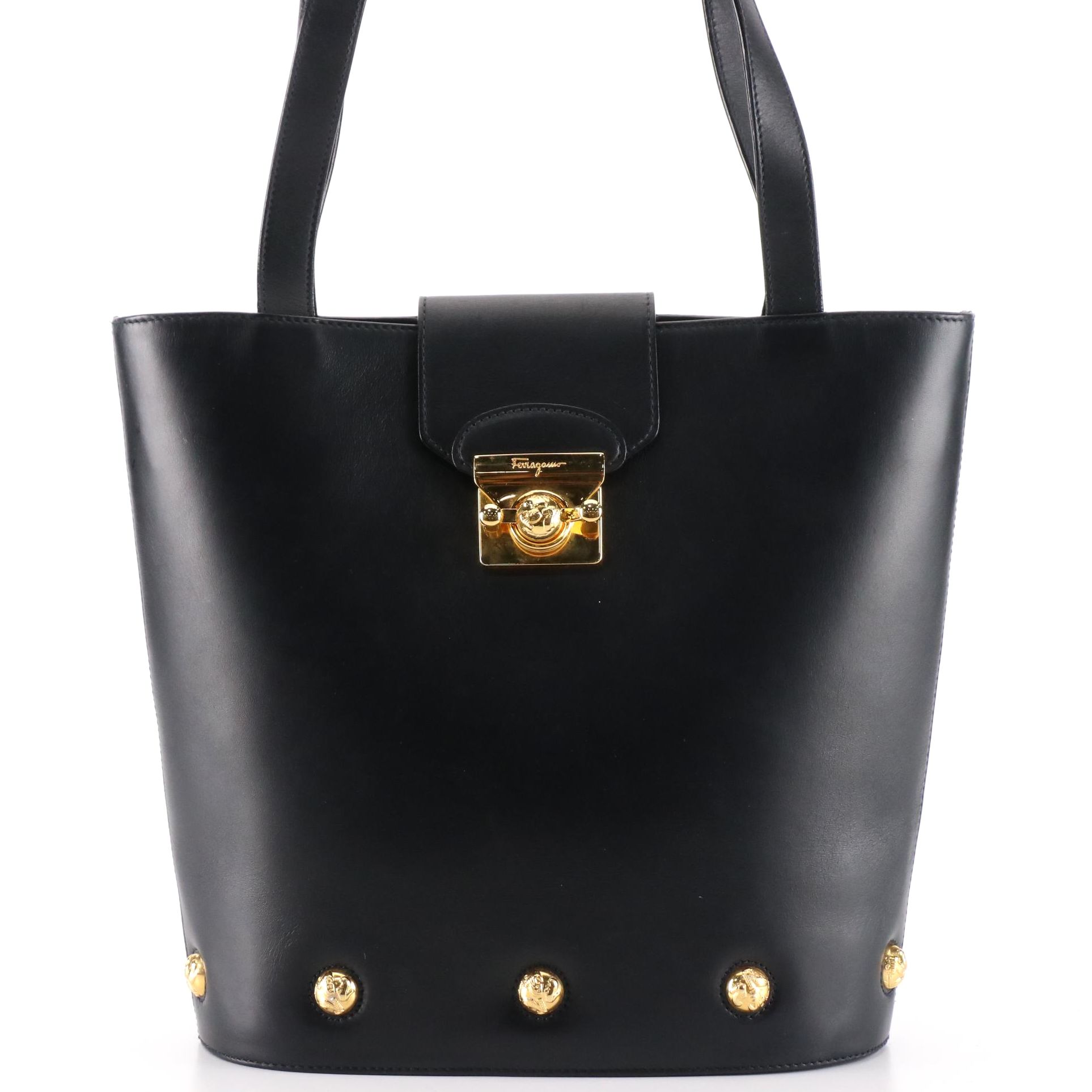 Salvatore Ferragamo Shoulder Bag with High Heel Motif Hardware in Navy Leather