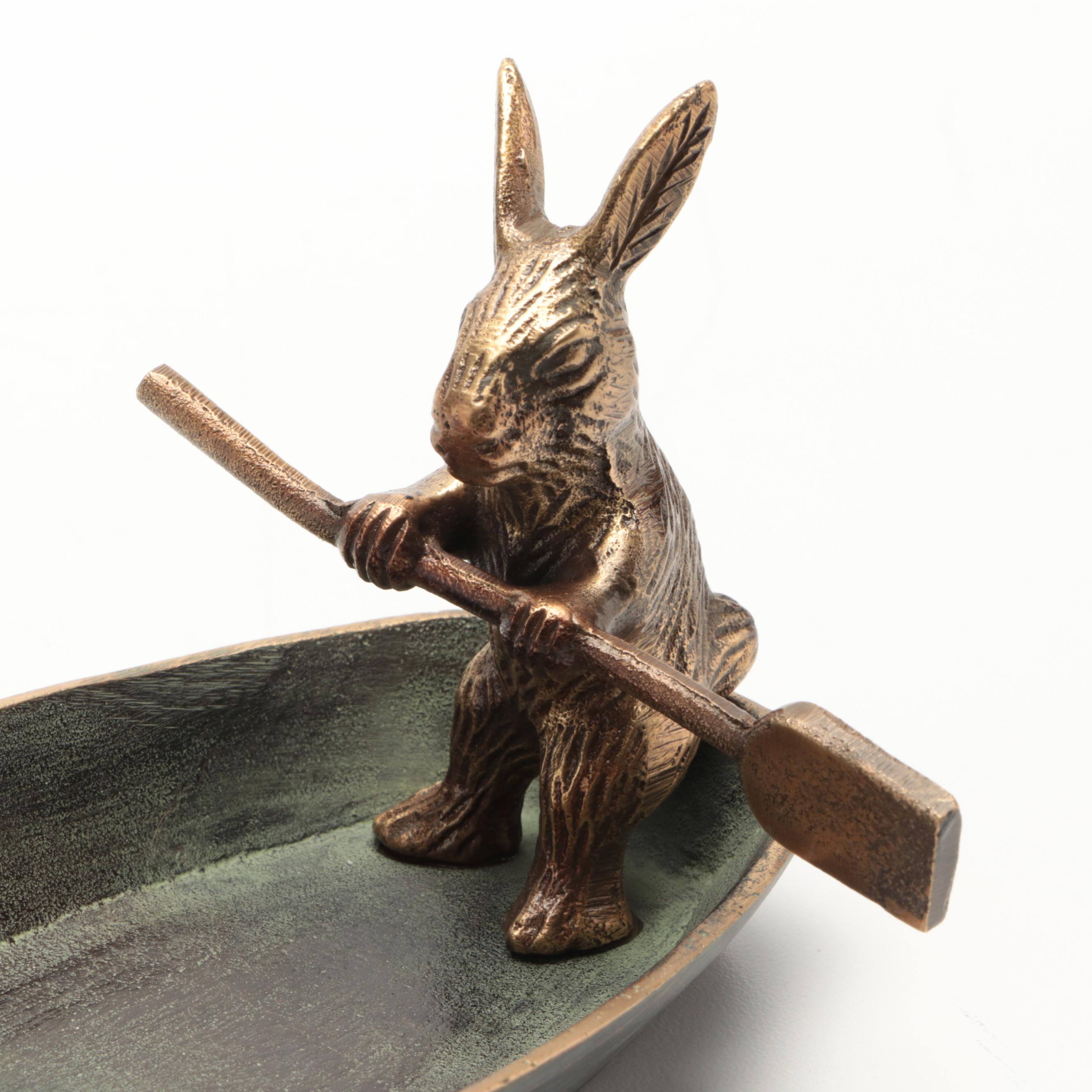 Patinated Cast Brass Bunny in Rowboat Trinket Dish