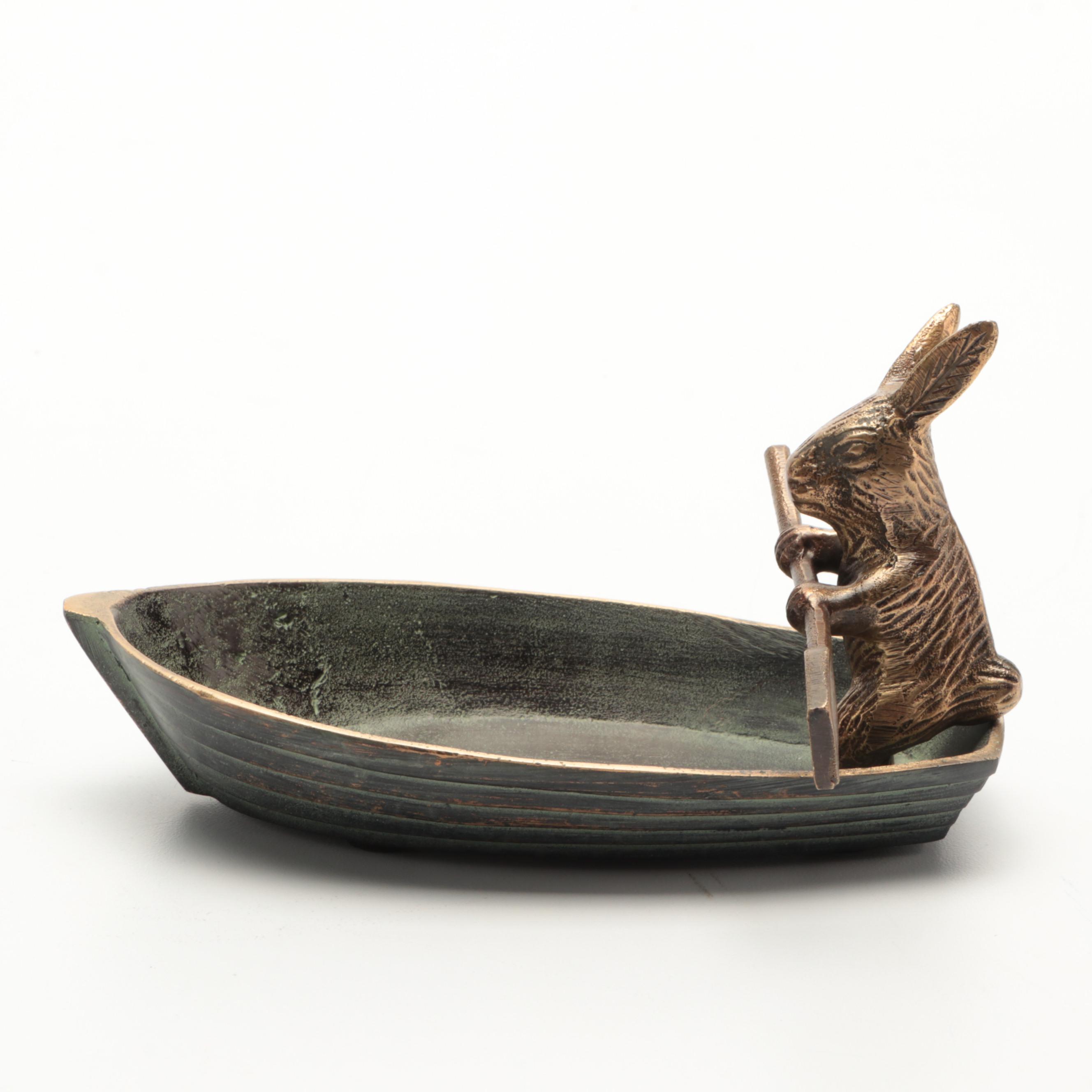 Patinated Cast Brass Bunny in Rowboat Trinket Dish