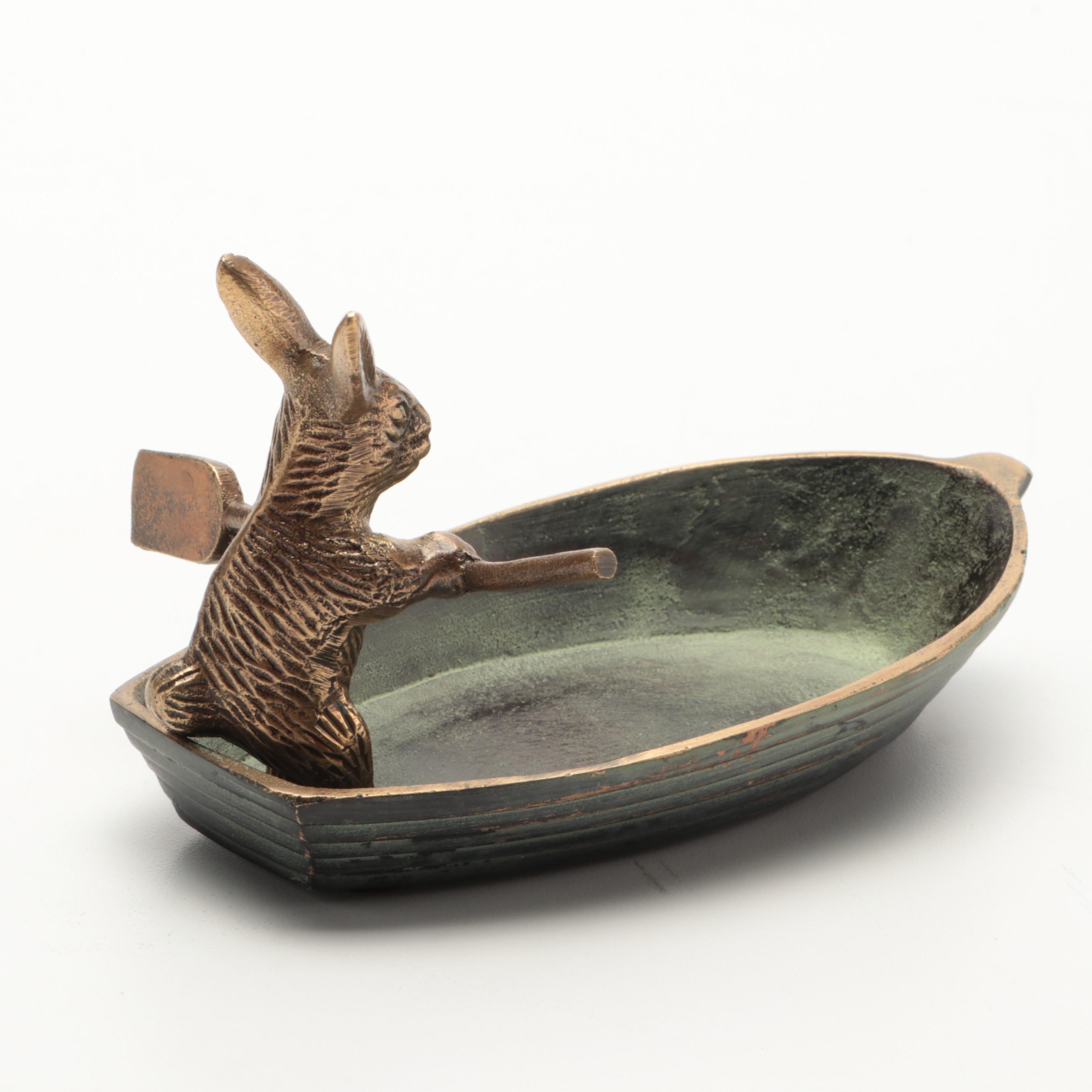 Patinated Cast Brass Bunny in Rowboat Trinket Dish