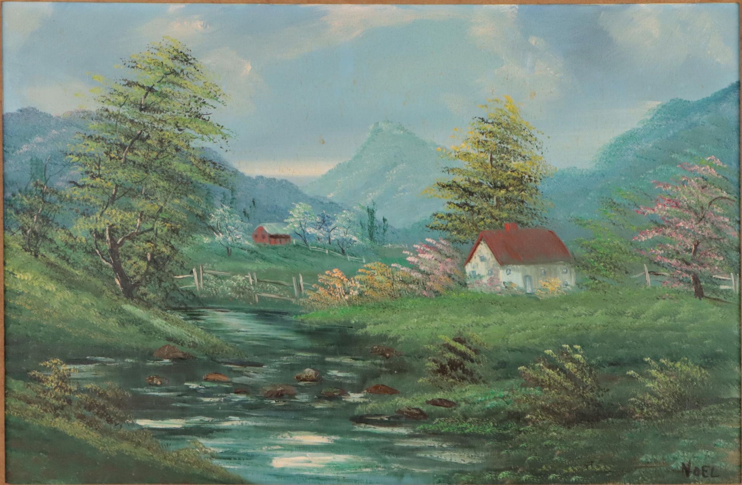 Naive Country Landscape Oil Painting