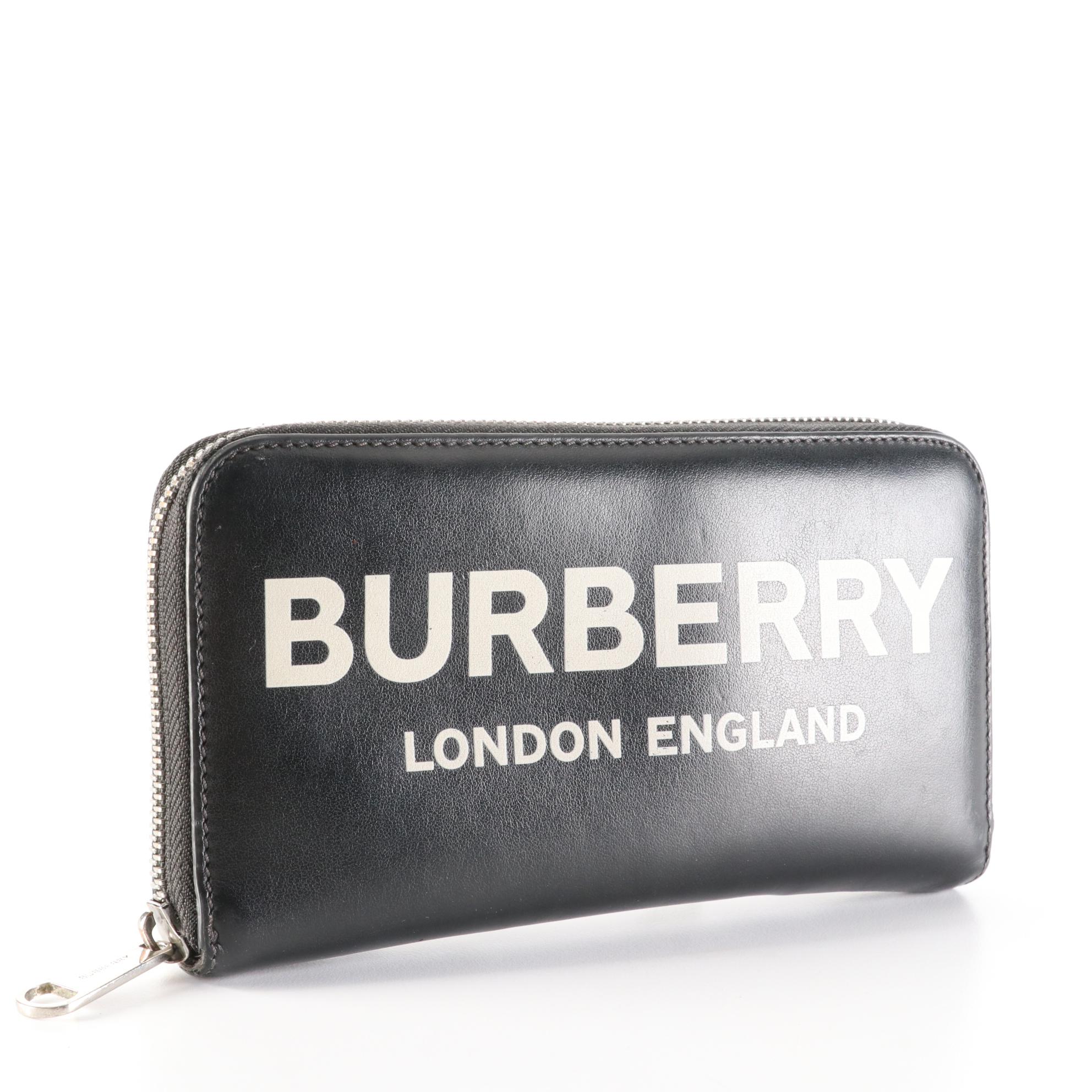 Burberry Logo Zip-Around Wallet in Smooth Black Leather