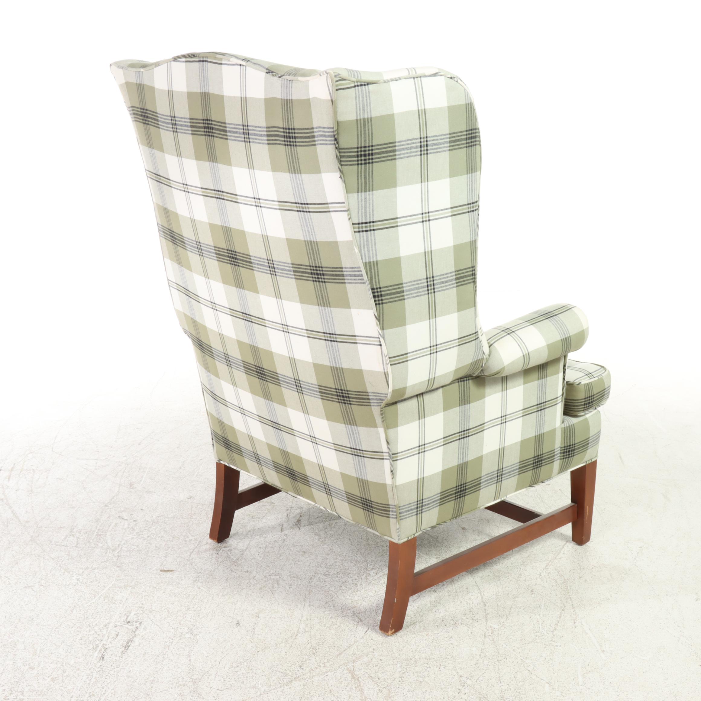 Consider H. Willett Federal Style Plaid Wingback Armchair, Late 20th Century