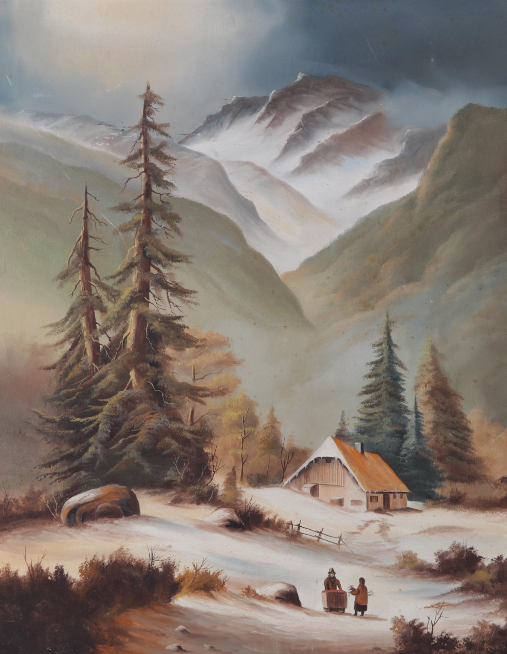 Primitivist Oil Painting of Figures Gathering Firewood in Mountain Valley, 1977