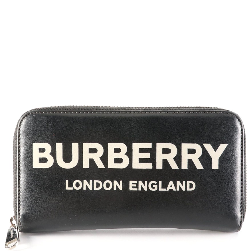 Burberry Logo Zip-Around Wallet in Smooth Black Leather