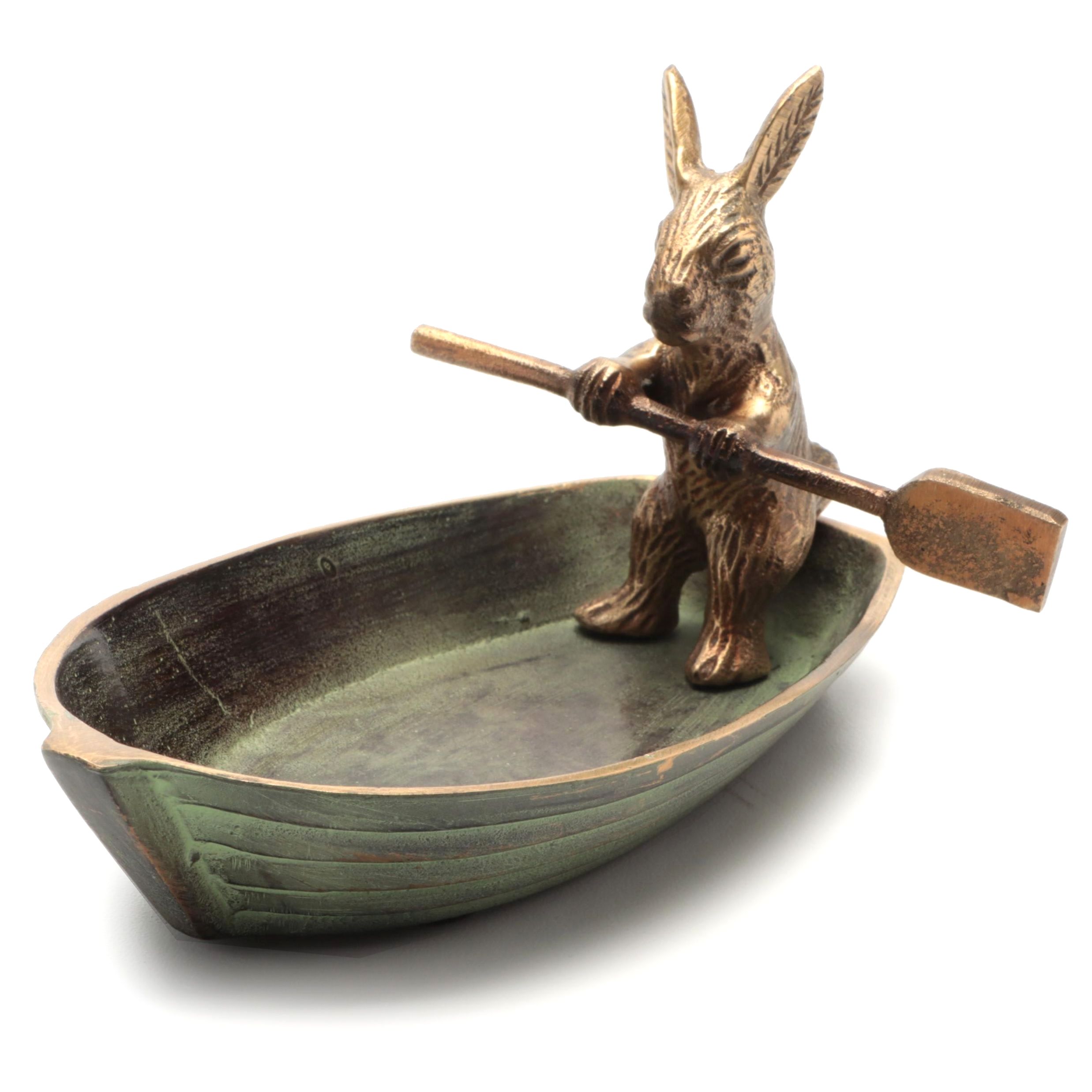 Patinated Cast Brass Rabbit in Rowboat Trinket Dish