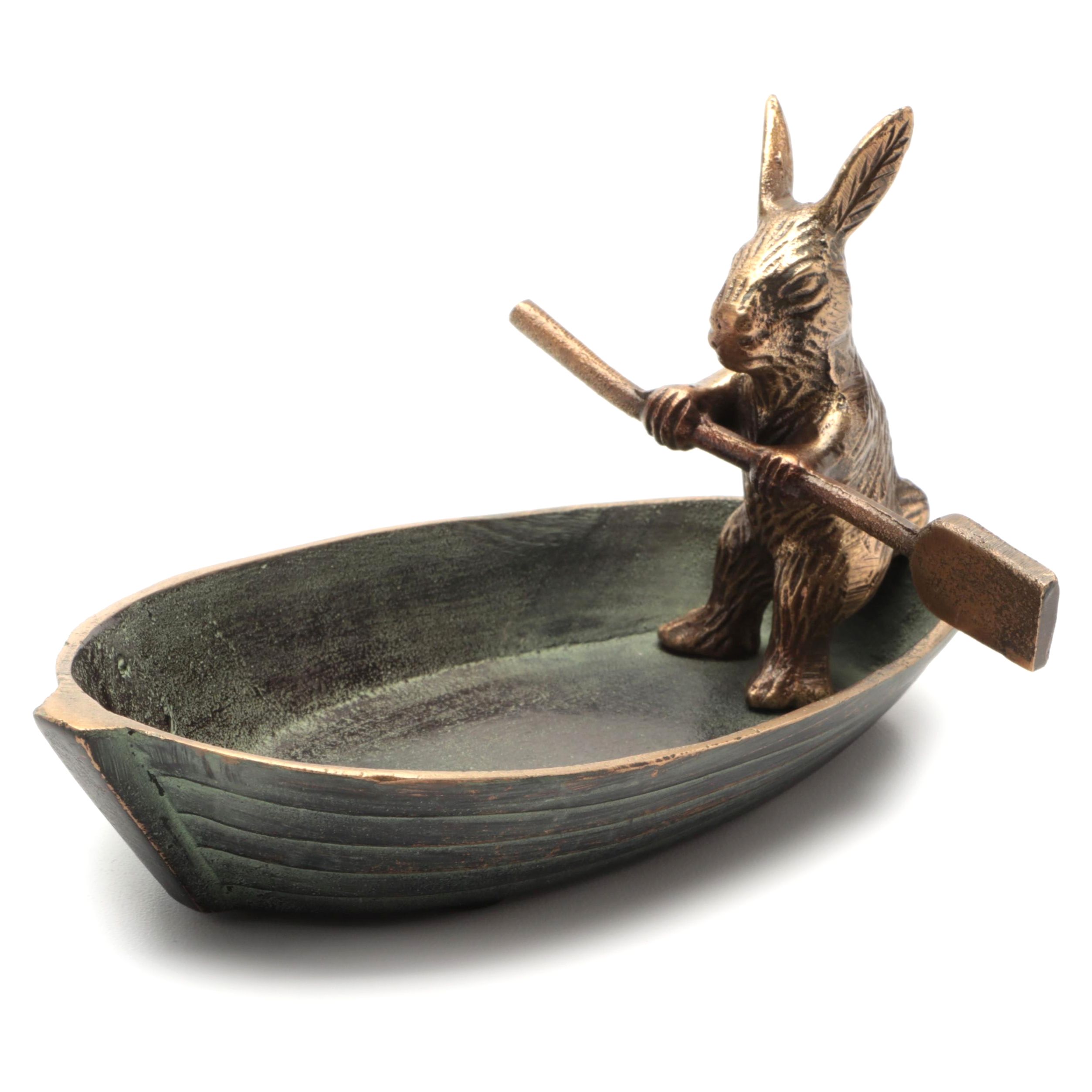 Patinated Cast Brass Bunny in Rowboat Trinket Dish