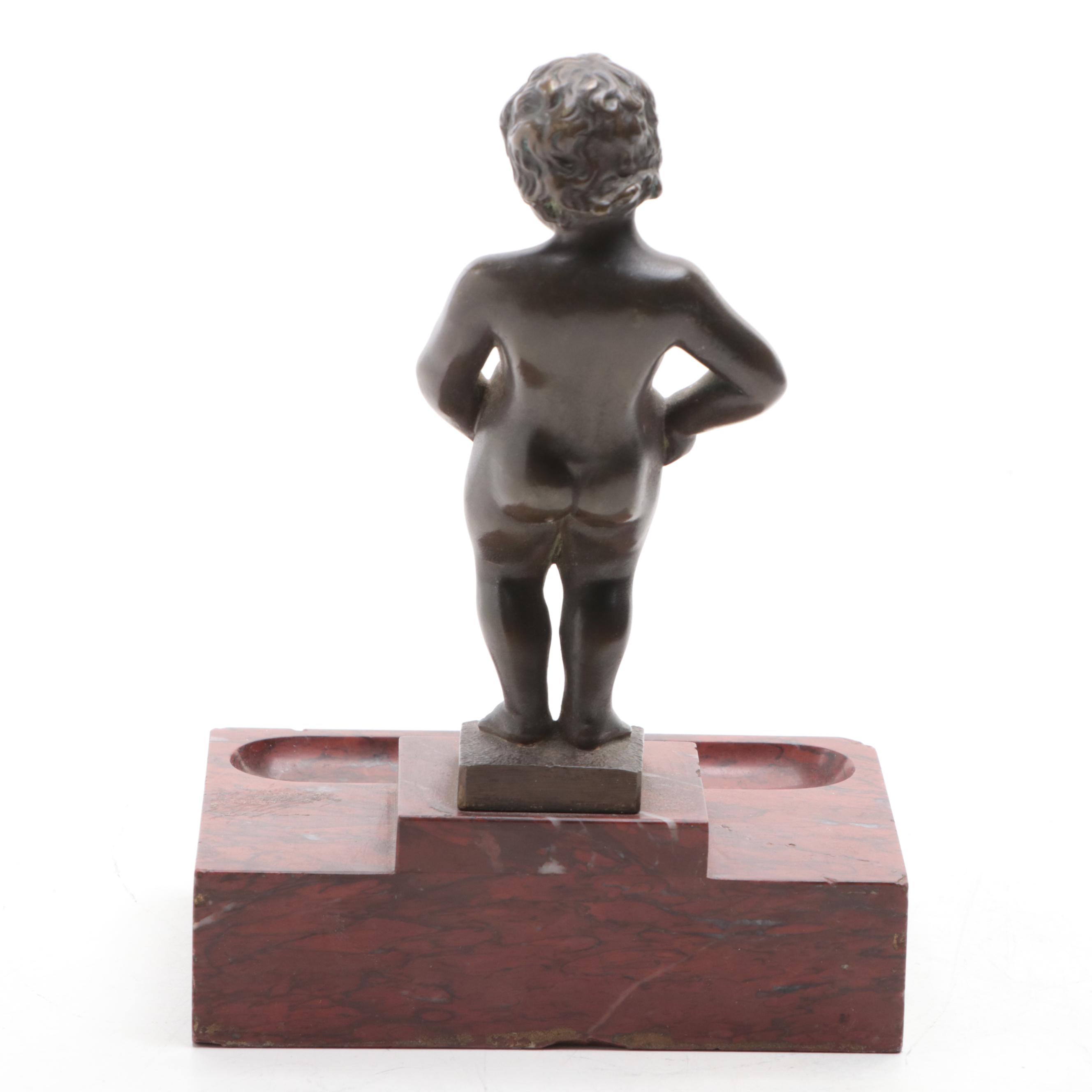 Manneken Pis Bronze Figurine on Marble Base, Early 20th Century