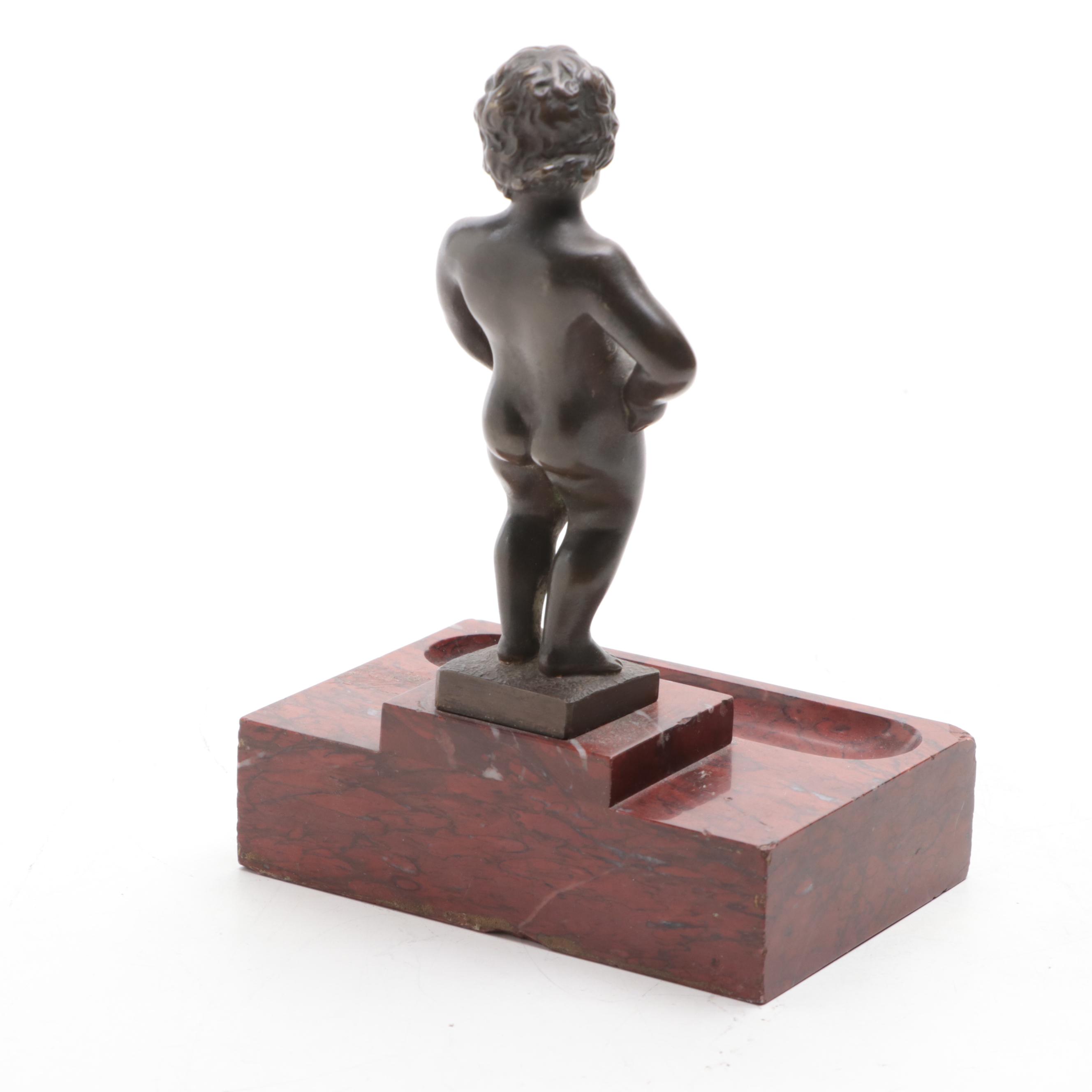 Manneken Pis Bronze Figurine on Marble Base, Early 20th Century