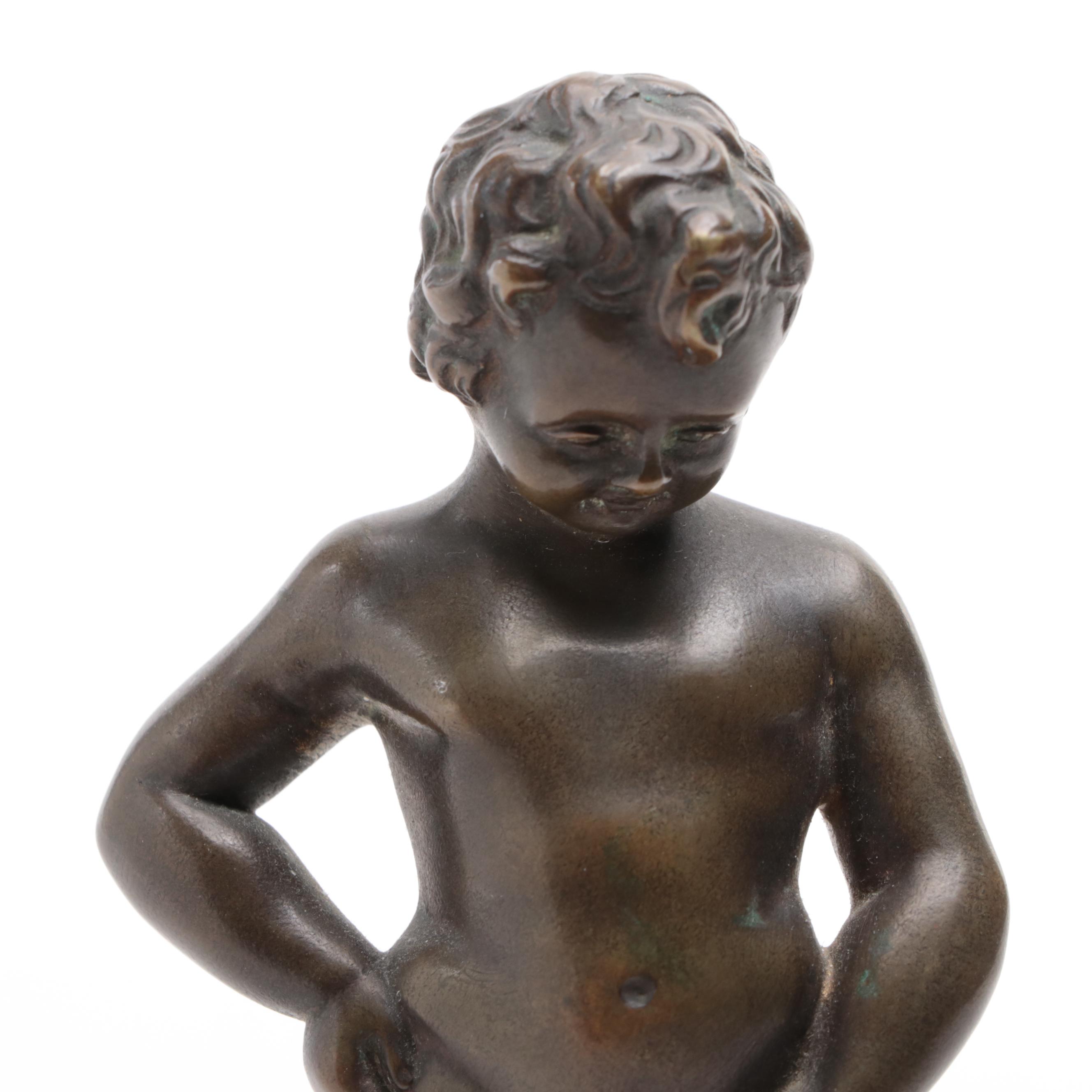 Manneken Pis Bronze Figurine on Marble Base, Early 20th Century