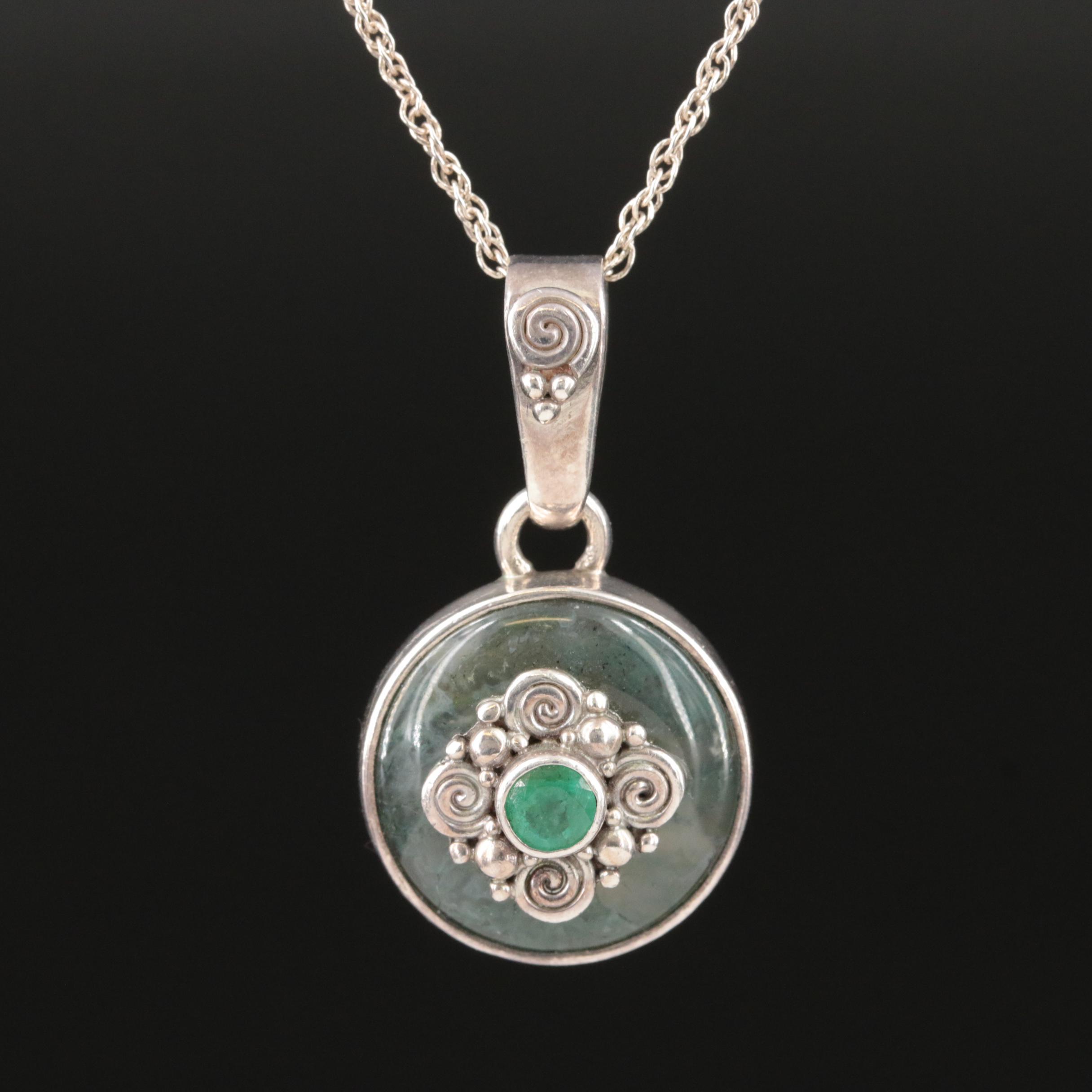 Sajen Sterling Emerald and Moss Agate Pendant Necklace