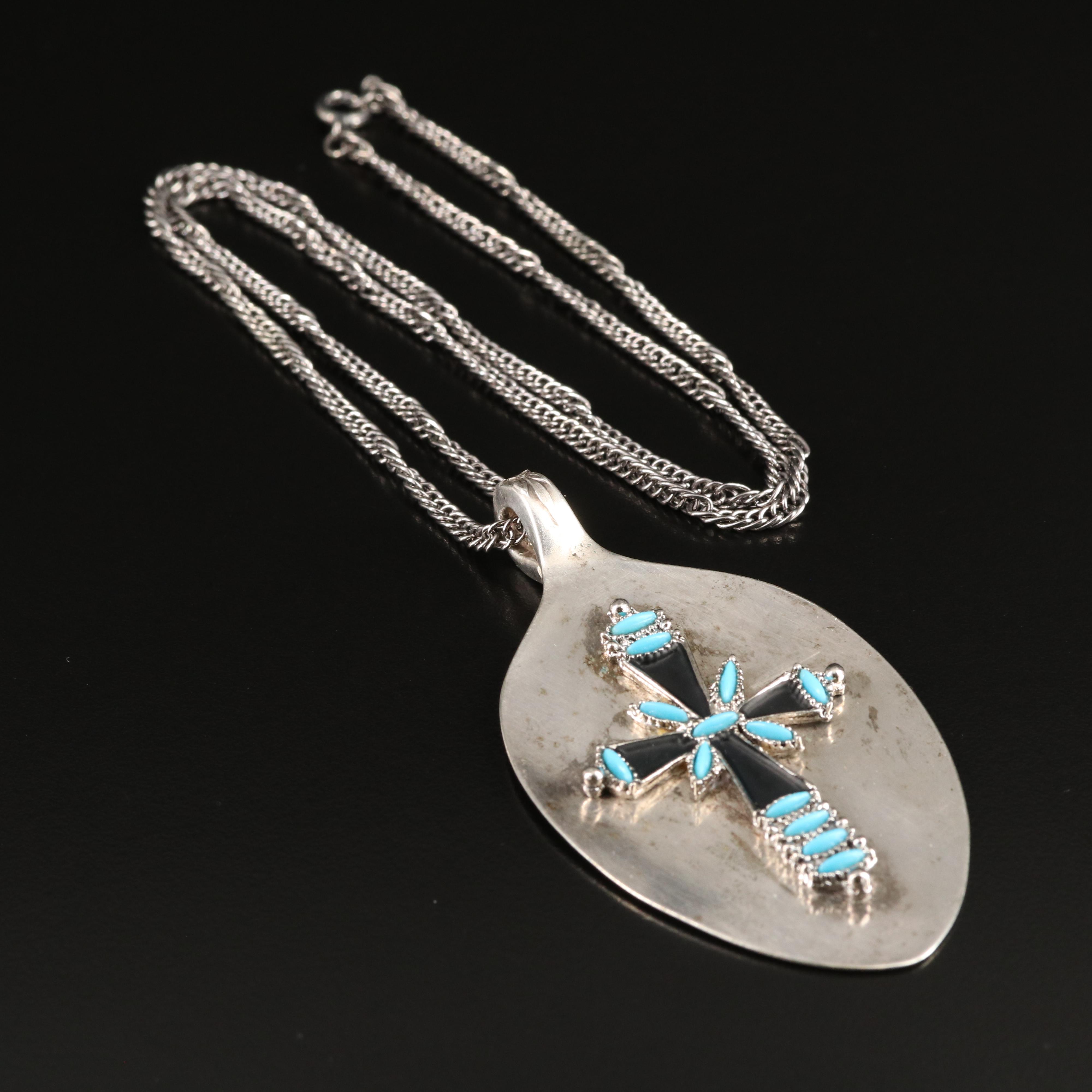 Signed Cross Necklace with Faux Turquoise and Converted Spoon