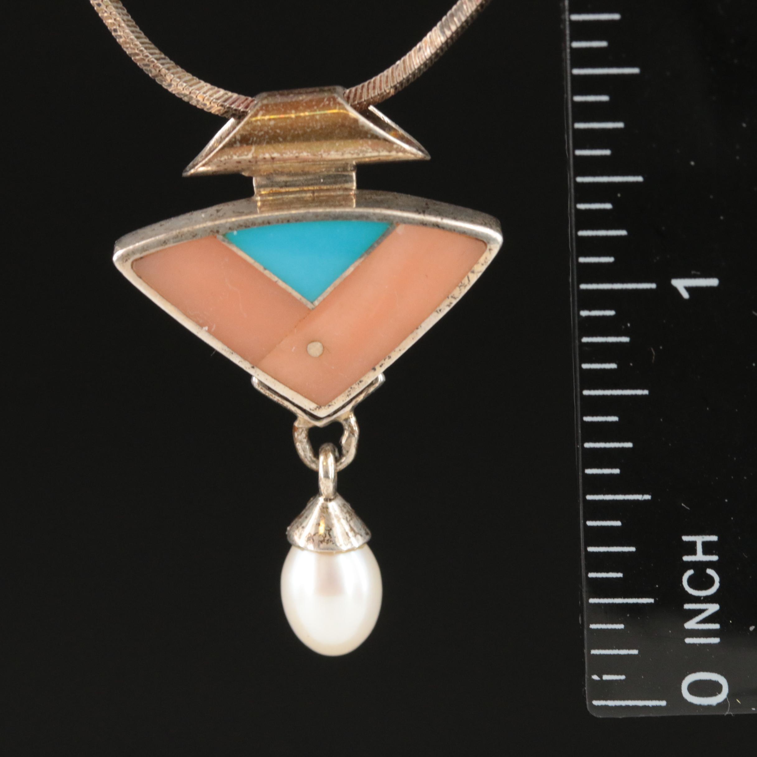 Knifewing Segura, Chiricahua Apache Sterling Coral, Turquoise and Pearl Necklace