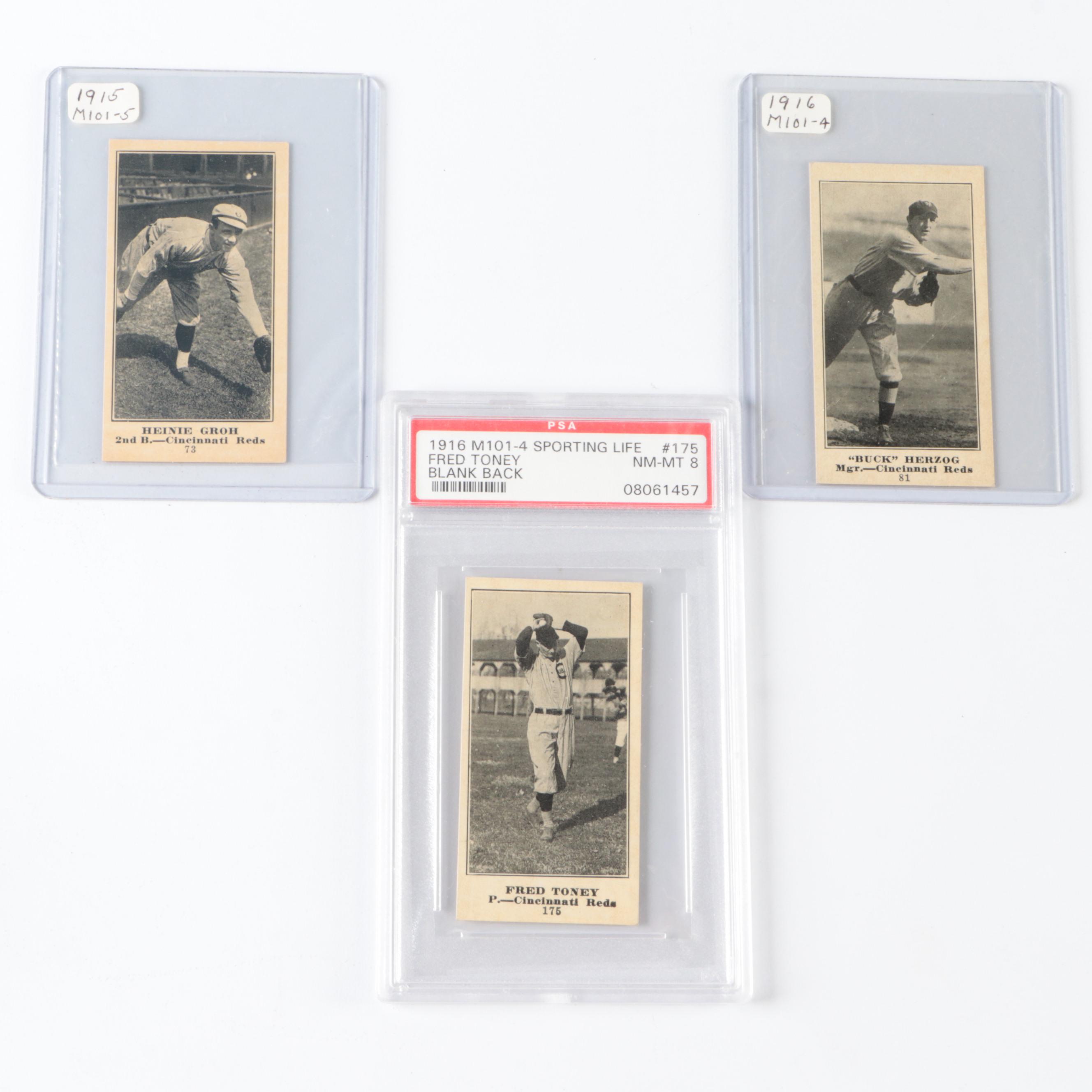 1915–1916 M101 Sporting Life Baseball Cards with Fred Toney Graded PSA 8