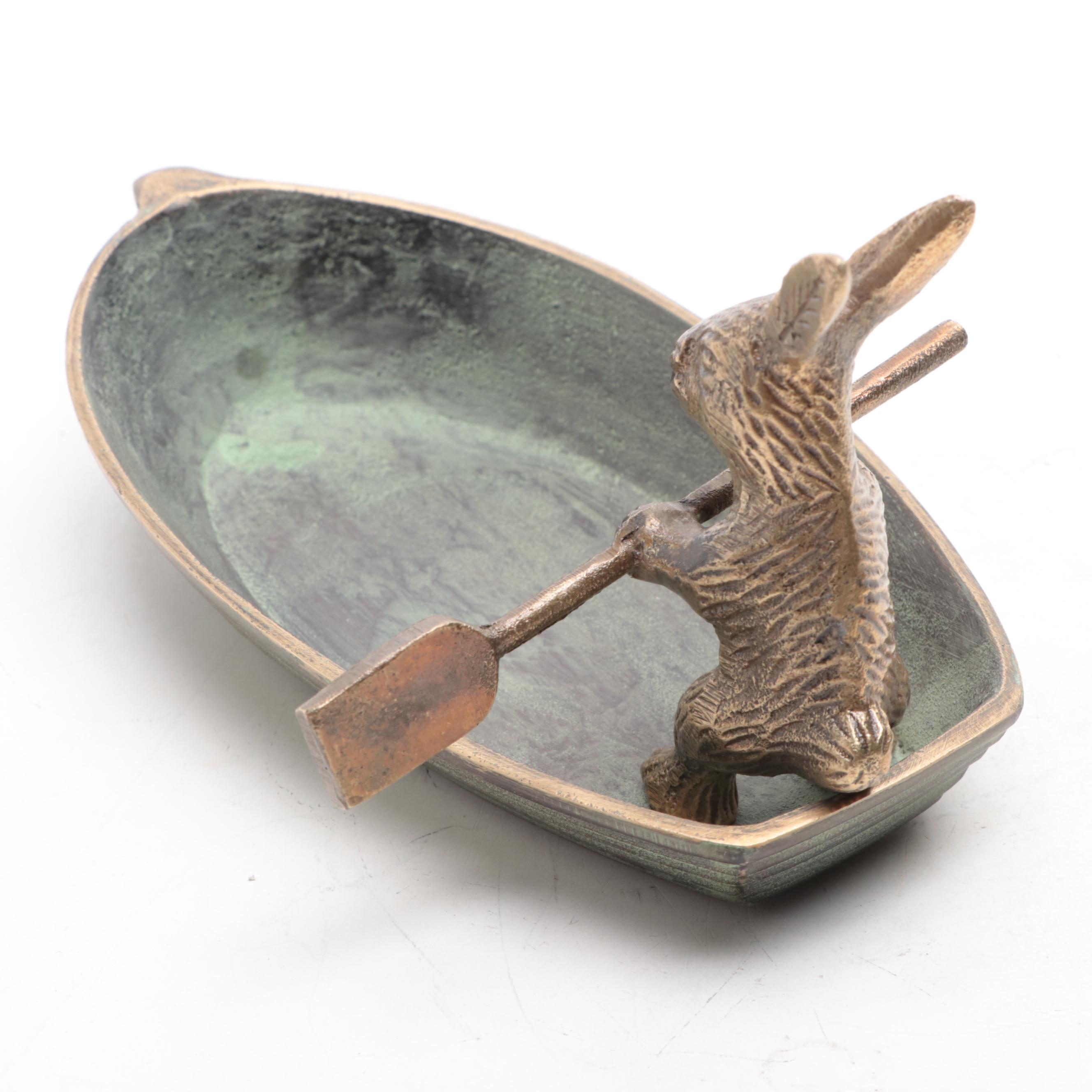 Patinated Cast Brass Bunny in Rowboat Trinket Dish
